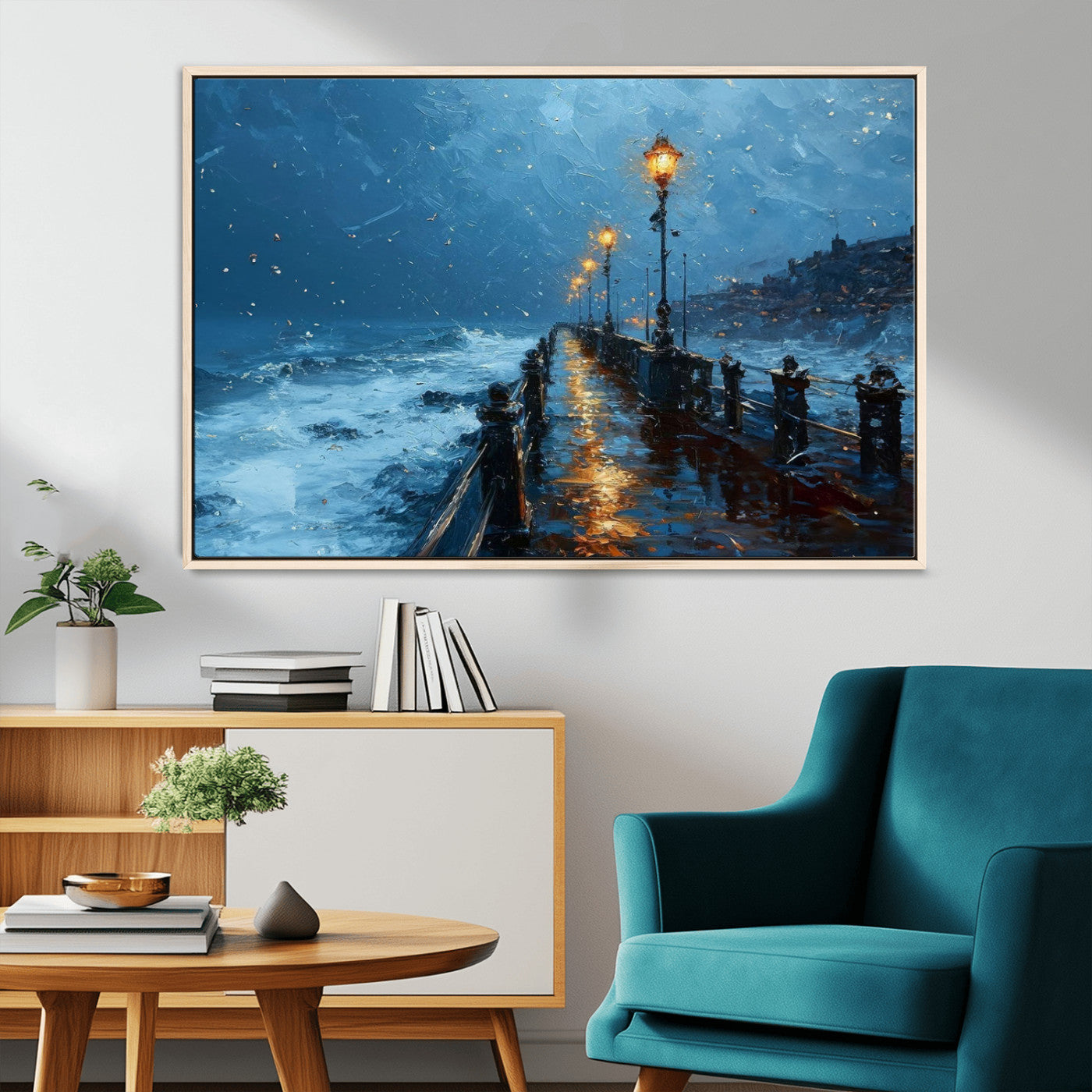 93793246-MGV-CV-36X24-Stormy Night Pier Canvas Wall Art – Moody Ocean Landscape with Lights, Blue Coastal Seascape Print for Bedroom, Living Room,