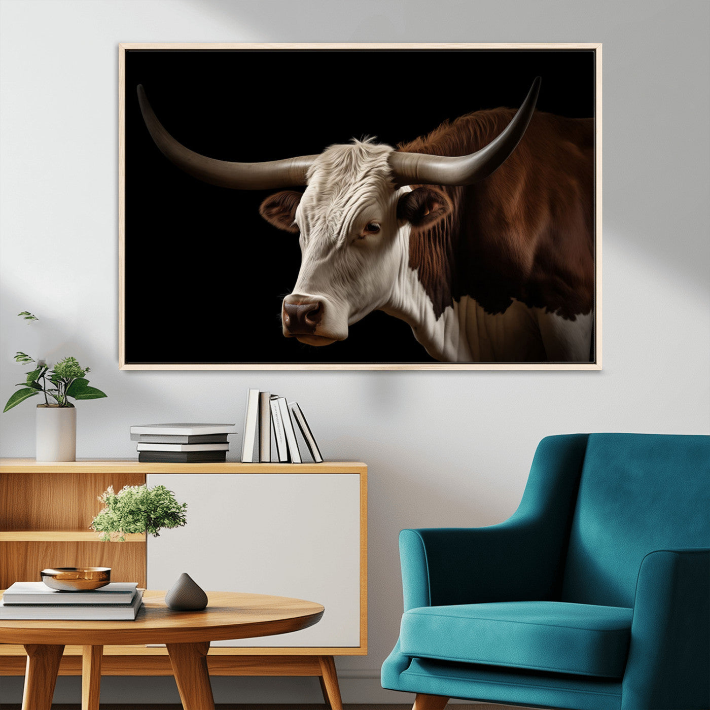 27414857-MGV-FC-36X24_Natural-Texas Longhorn Bull Canvas Wall Art – Rustic Western Farmhouse Decor, Brown & White Cow Portrait, Animal Print for Ranch Home