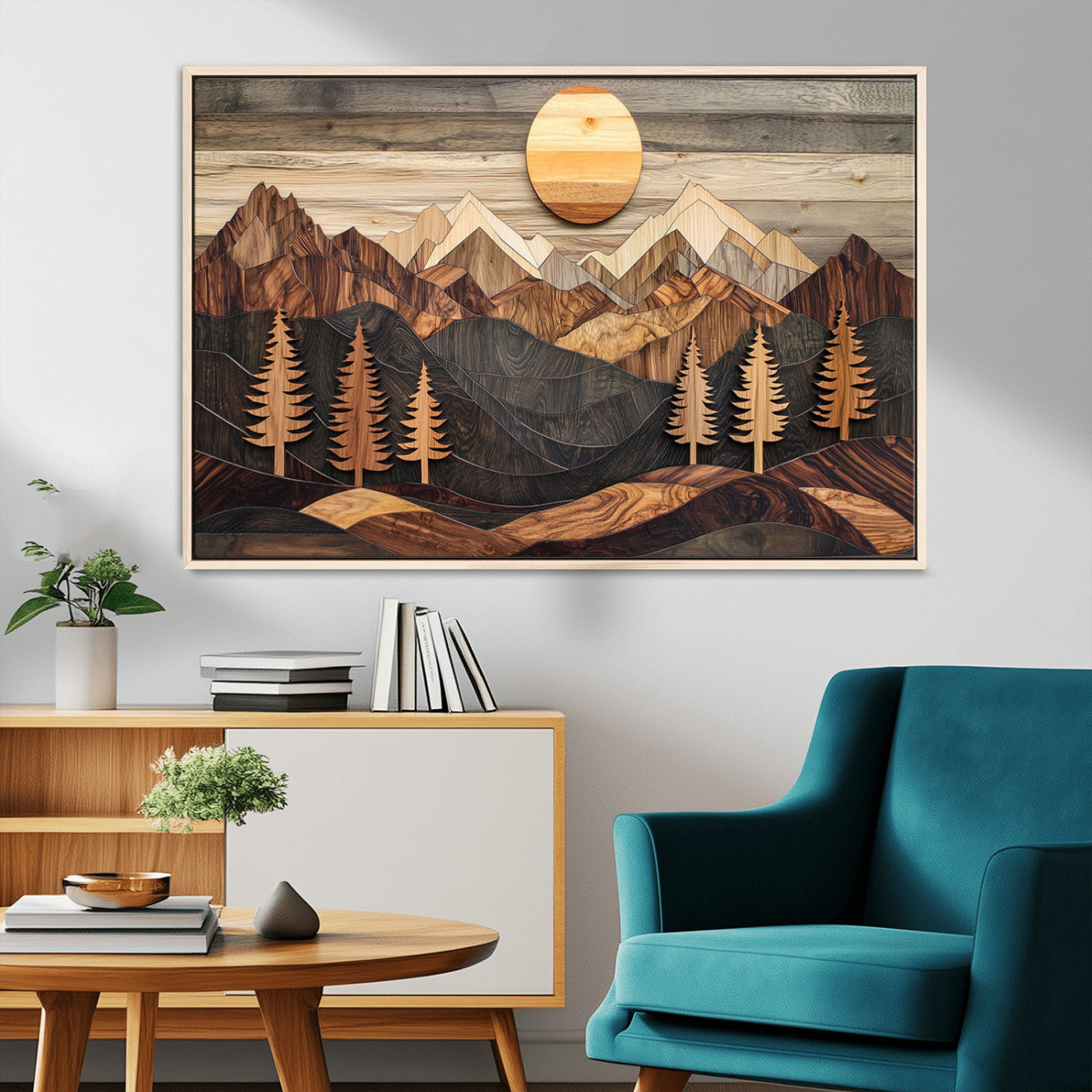 90044381-MGV-CV-36X24-Rustic Wall Art – Wooden Mountain Landscape with Sun and Pine Trees, Handcrafted Nature Canvas Style Decor for Bedroom, Living
