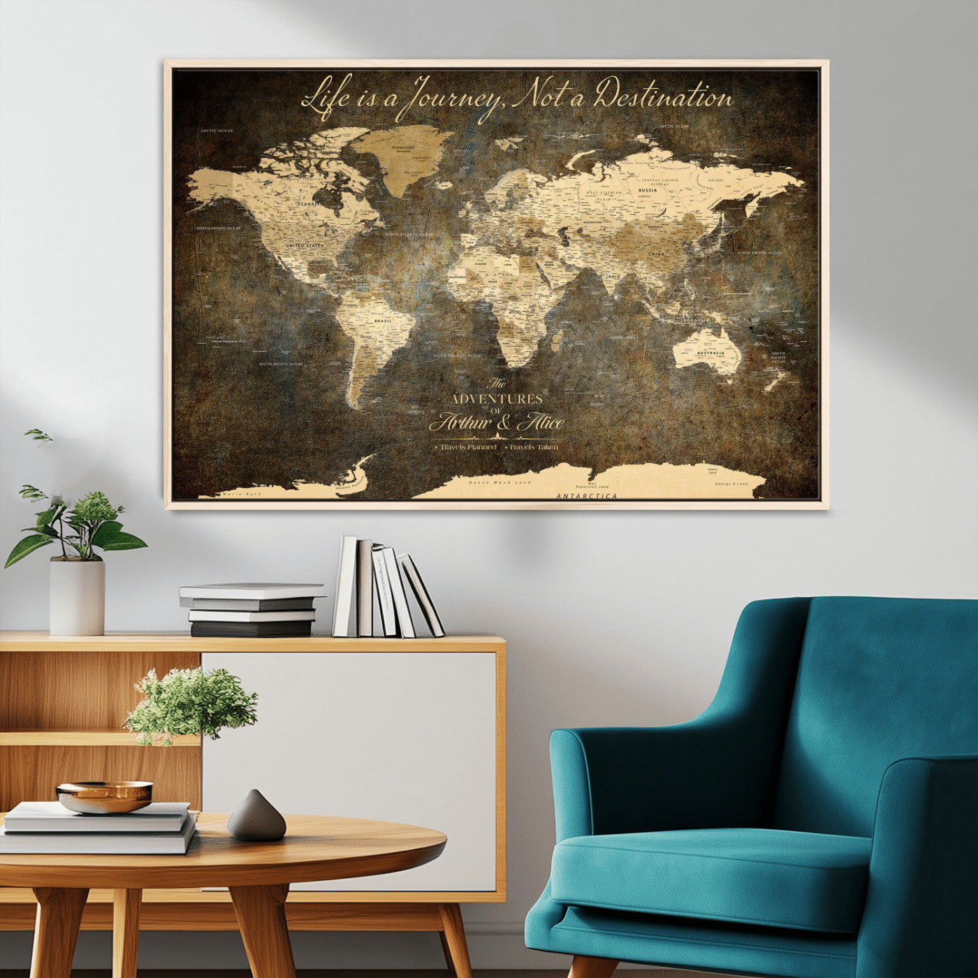 13394308-MGV-CV-36X24-Personalized World Map Wall Art – Dark Rustic Vintage Adventure Travel Map with Custom Couple Names, Timeless Wall Decor for Home