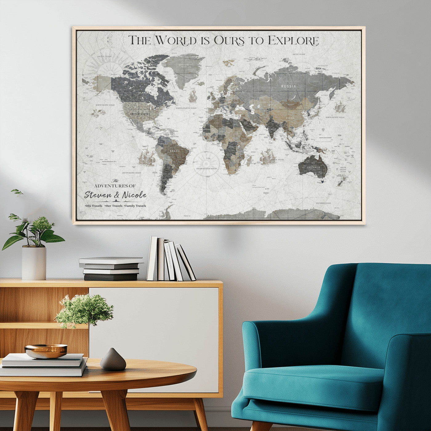 97082026-MGV-CV-36X24-Personalized World Map Wall Art – Vintage Gray Adventure Travel Map with Custom Couple or Family Names, Rustic Wall Decor for Home
