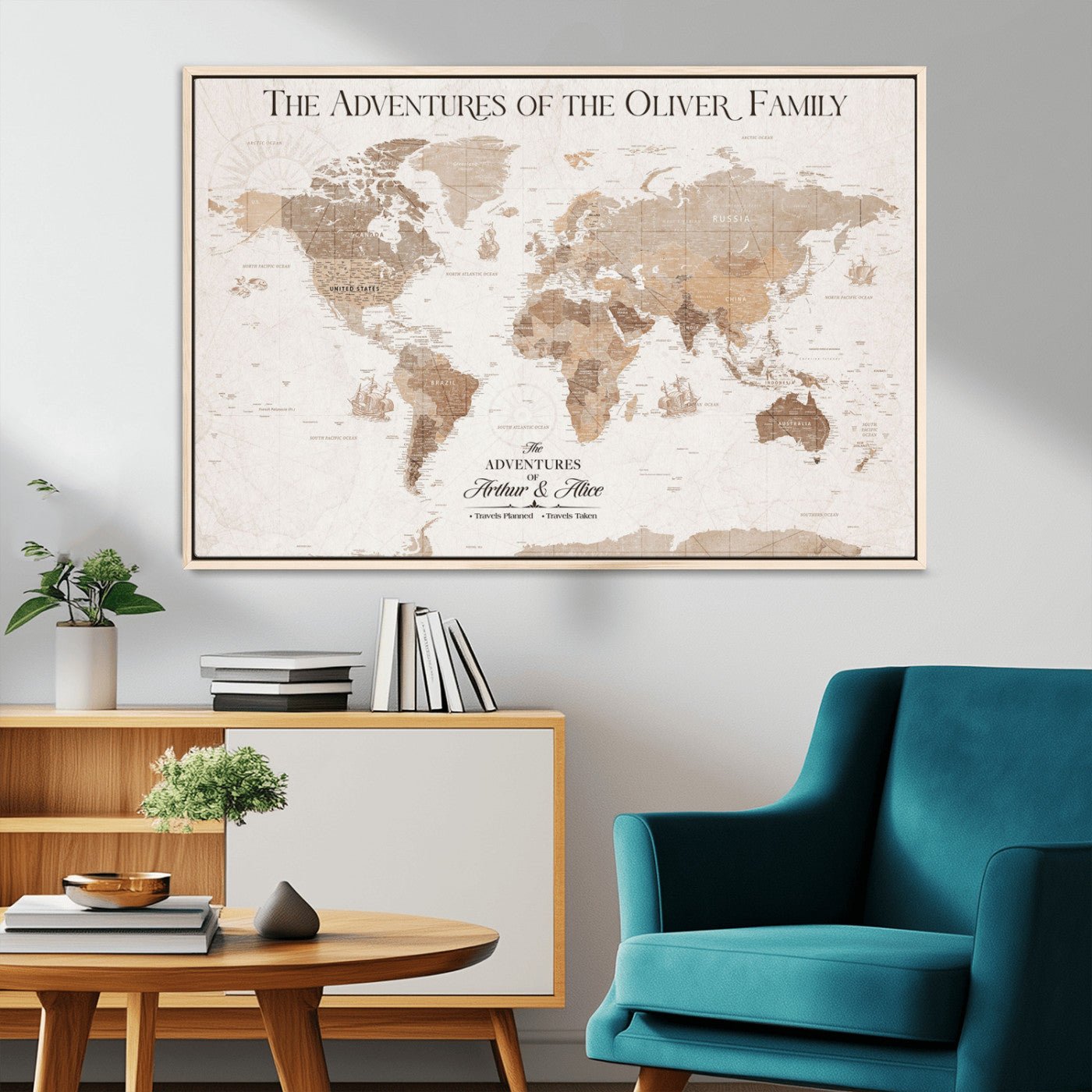 43869621-MGV-CV-36X24-Personalized World Map Wall Art – Light Beige Sepia Adventure Travel Map with Custom Family or Couple Names, Rustic Wall Decor for