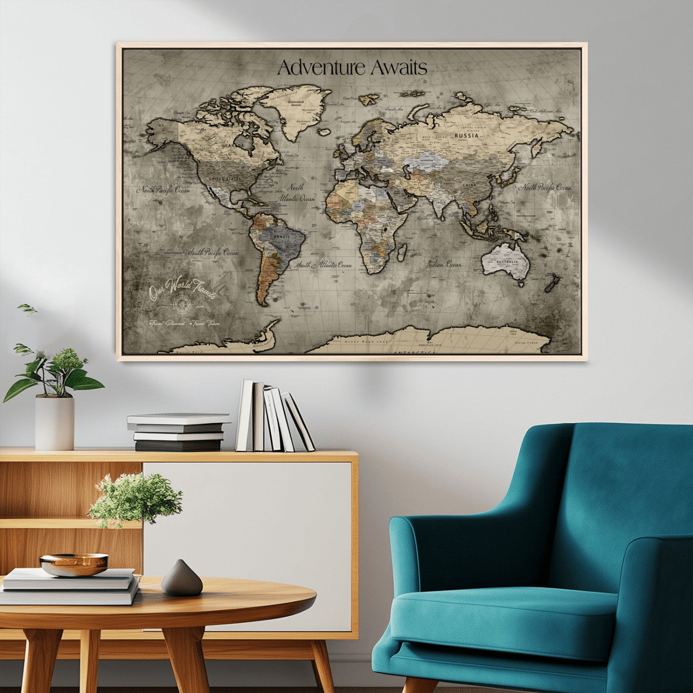 72658967-MGV-CV-36X24-Personalized World Map Wall Art – Adventure Awaits Rustic Sepia Travel Map with Custom Names, Vintage Wall Decor for Couples, Home