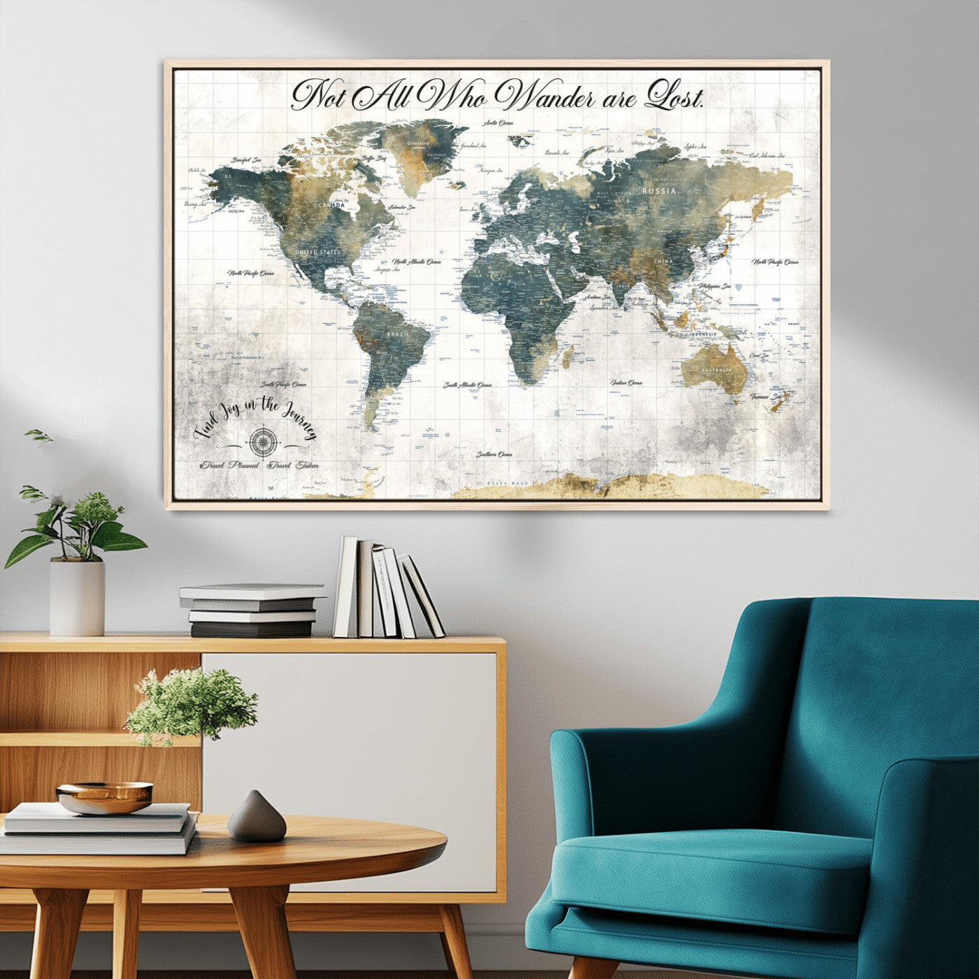 16233493-MGV-CV-36X24-Personalized World Map Wall Art – Rustic Blue Green Wanderlust Travel Map with Custom Couple Names, Vintage Wall Decor for Home