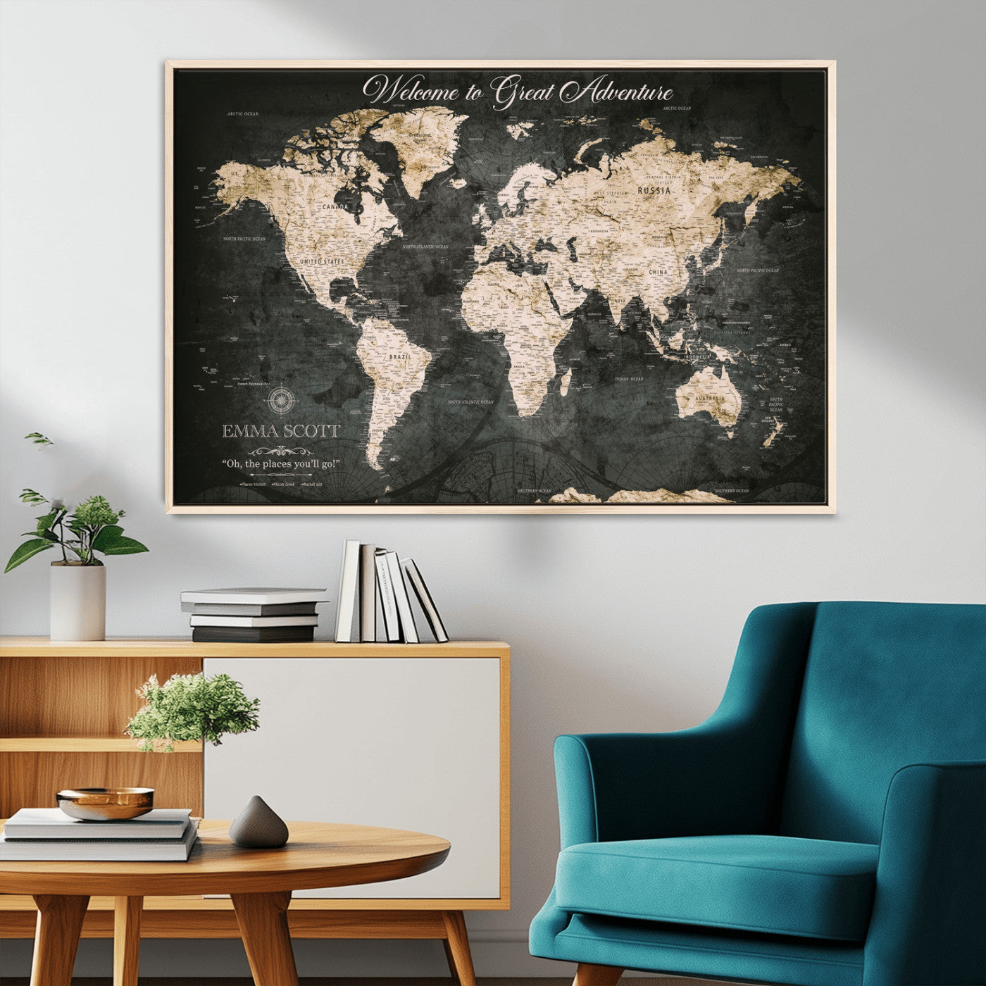 70534097-MGV-CV-36X24-Personalized World Map Wall Art – Dark Vintage Adventure Style Travel Map with Custom Names, Unique Wall Decor for Couples, Home