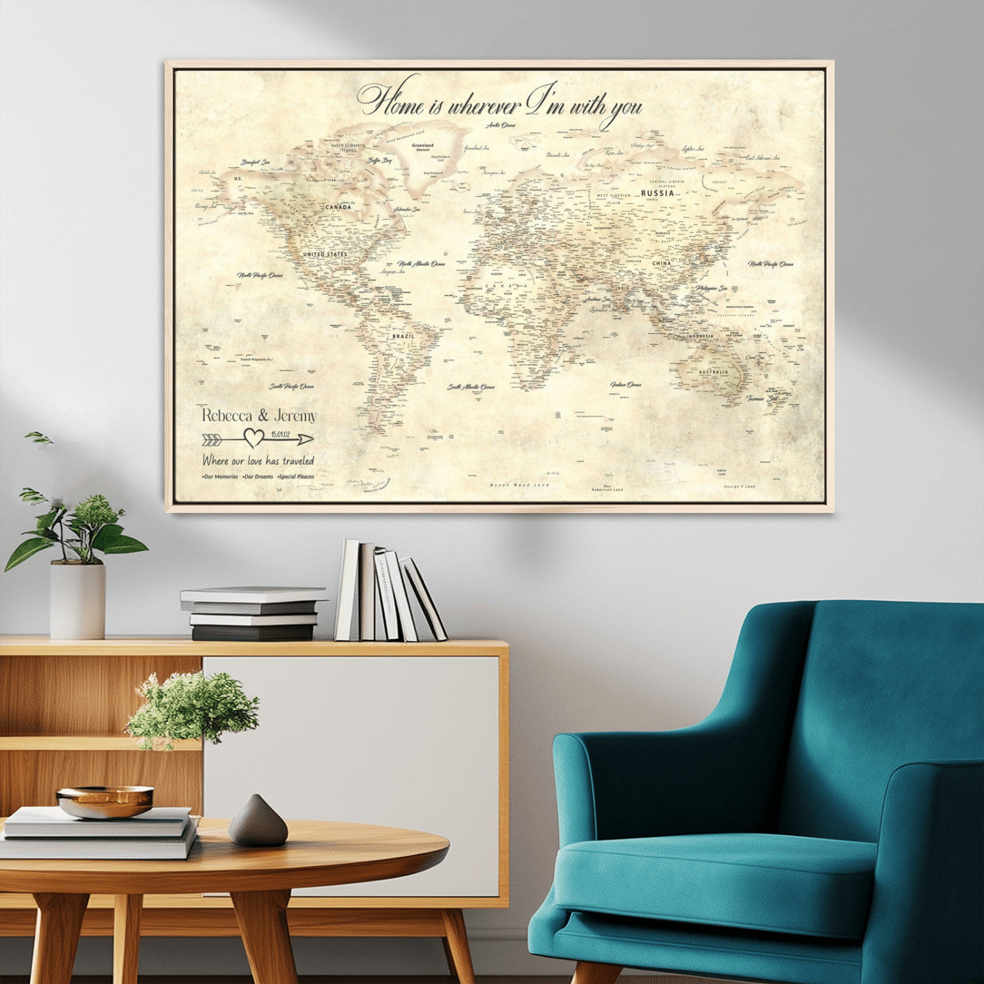 57950315-MGV-CV-36X24-Personalized World Map Wall Art – Vintage Beige Travel Map with Custom Names, Romantic Anniversary Gift for Couples, Adventure