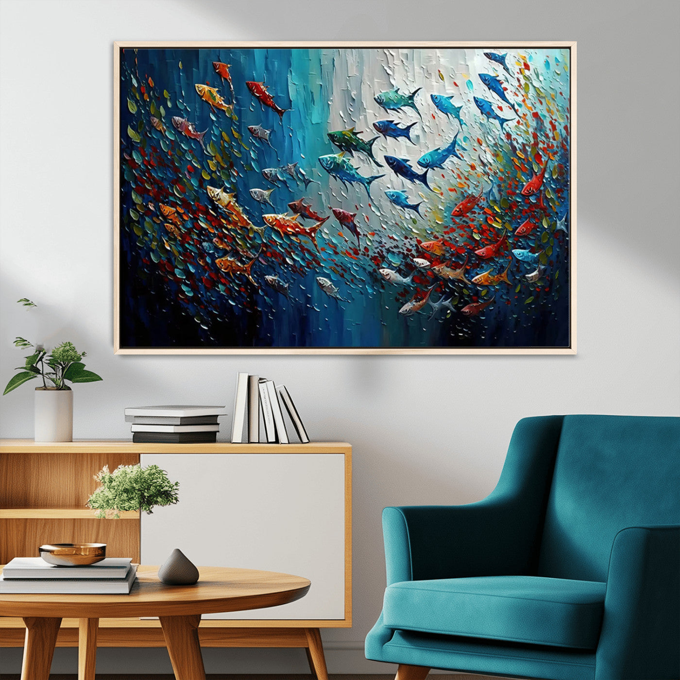 89626-MGV-FC-36X24_Natural-Fish Swarm Wall Art Canvas Print, Framed Abstract Ocean Art Picture Print, Underwater Life Perfect Vibrant Coastal Decor Artwork