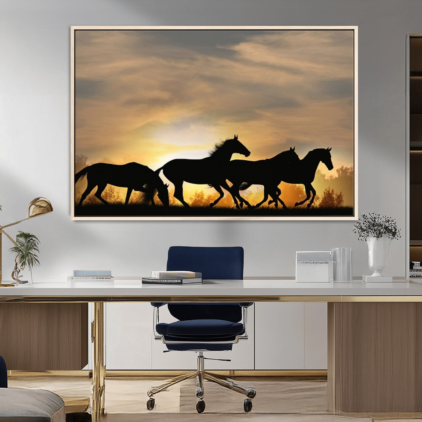 16620-MGV-CV-36X24-Sunset Stallions Wall Art – Silhouetted Horses Running Canvas Print, Nature’s Rhythm, Perfect for Living Room, Office, or Man Cave