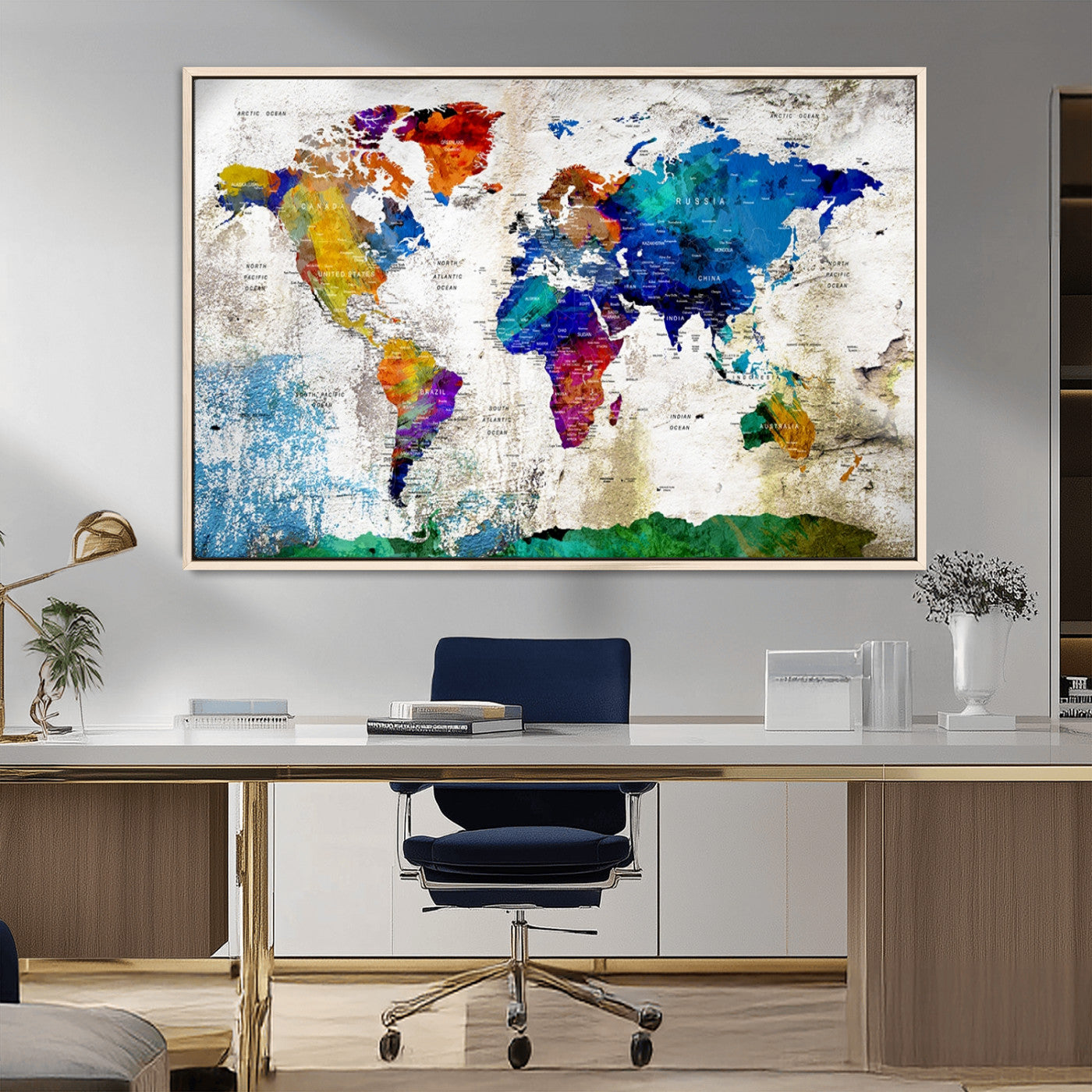 89870-MGV-FC-36X24_Natural-Colorful World Map Canvas Wall Art – Modern Abstract Travel Map Print, Vibrant Home and Office Decor
