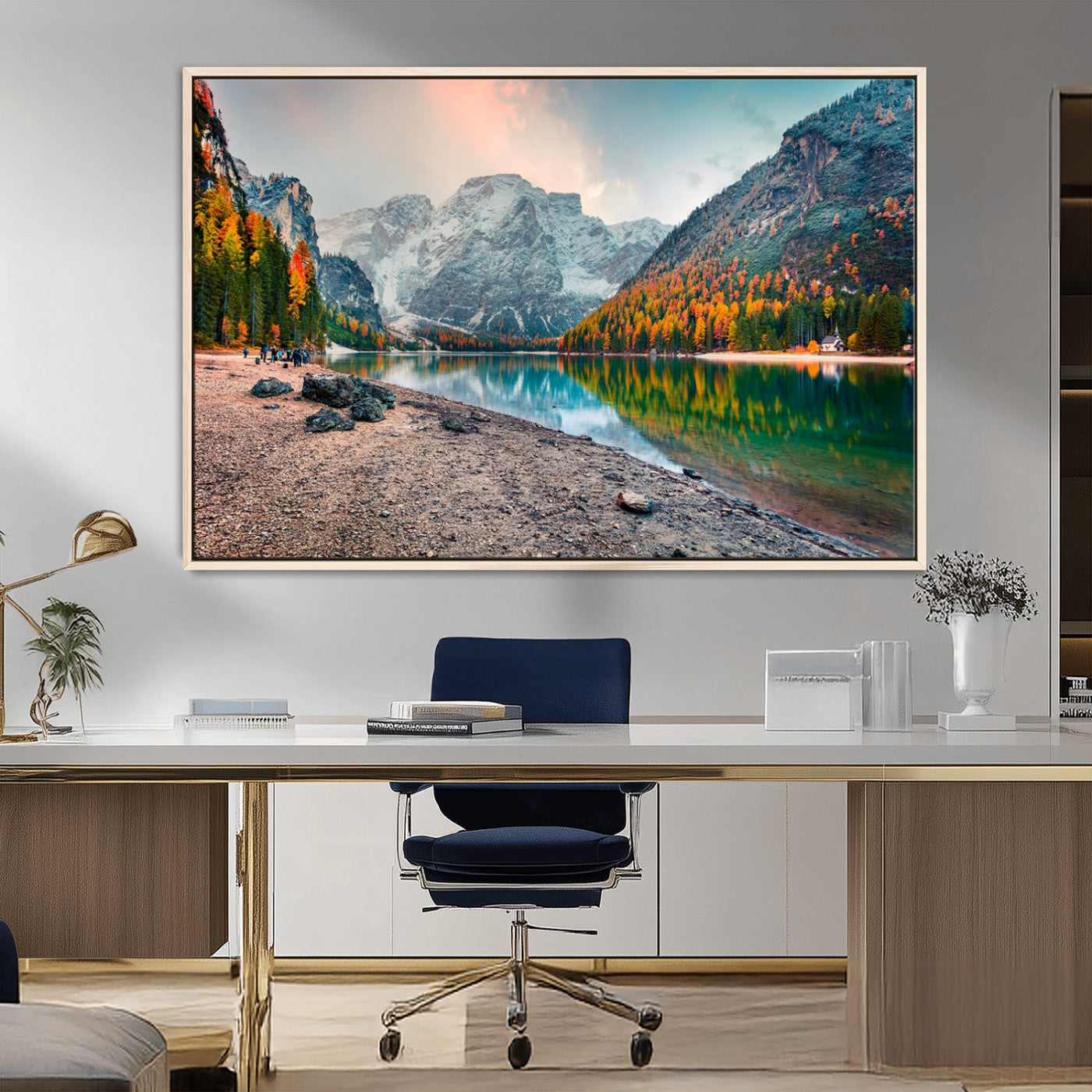 25982-MGV-FC-36X24_Natural-Autumn Mountain Lake Wall Art – Panoramic Fall Foliage and Snowy Peaks Canvas Print, Scenic Nature Decor for Living Room or Office