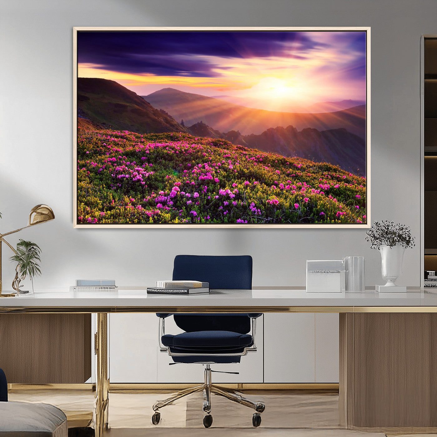 49741-MGV-FC-36X24_Natural-Mountain Sunrise Wall Art – Vibrant Floral Landscape Canvas Print, Nature Home Decor for Living Room, Bedroom Office or Cabin