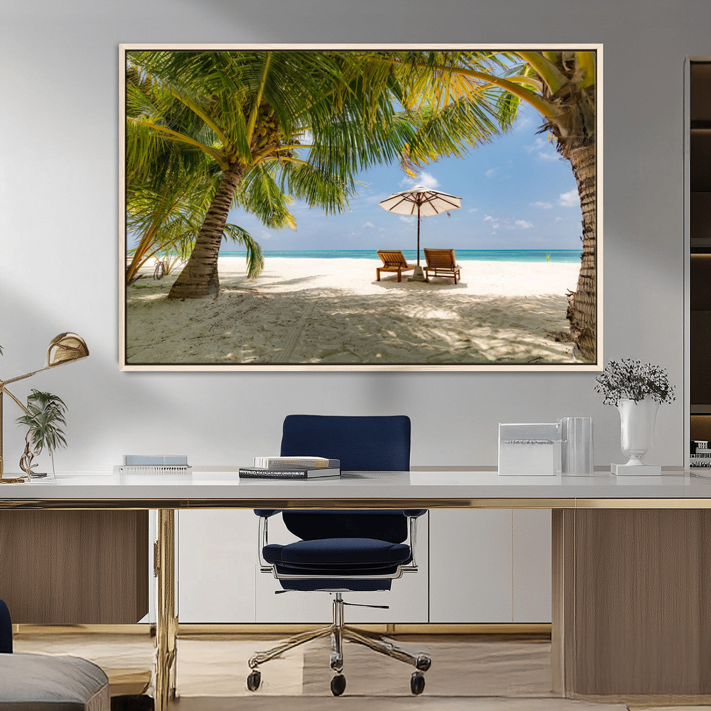 83601-MGV-FC-36X24_Natural-Tropical Beach Wall Art – Serene Palm Trees and Lounge Chairs Canvas Print, Relaxing Coastal Decor for Living Room, Bedroom or