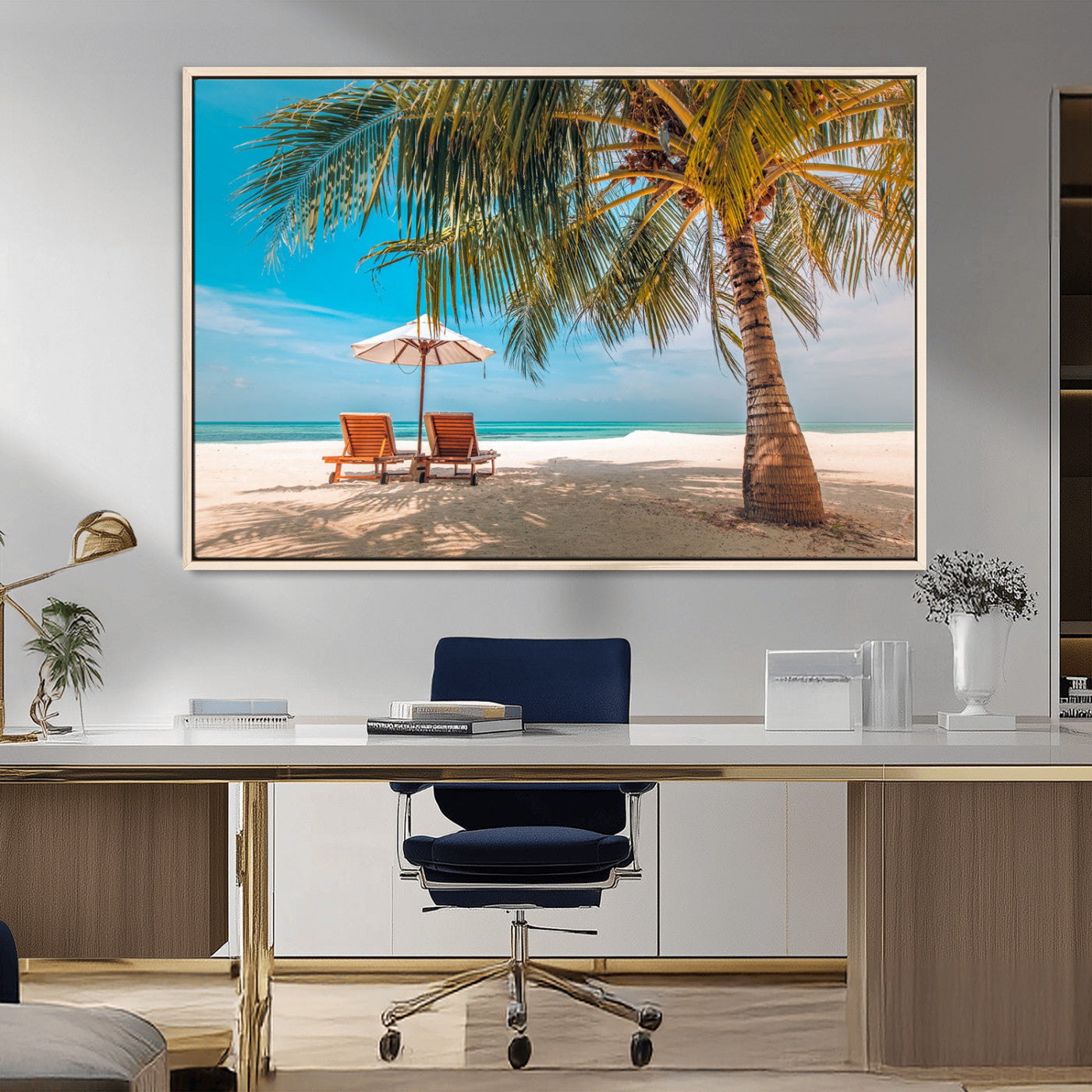 69754-MGV-FC-36X24_Natural-Tropical Beach Wall Art – Relaxing Palm Tree and Lounge Chairs Canvas Print, Serene Coastal Decor for Living Room, Bedroom, Office