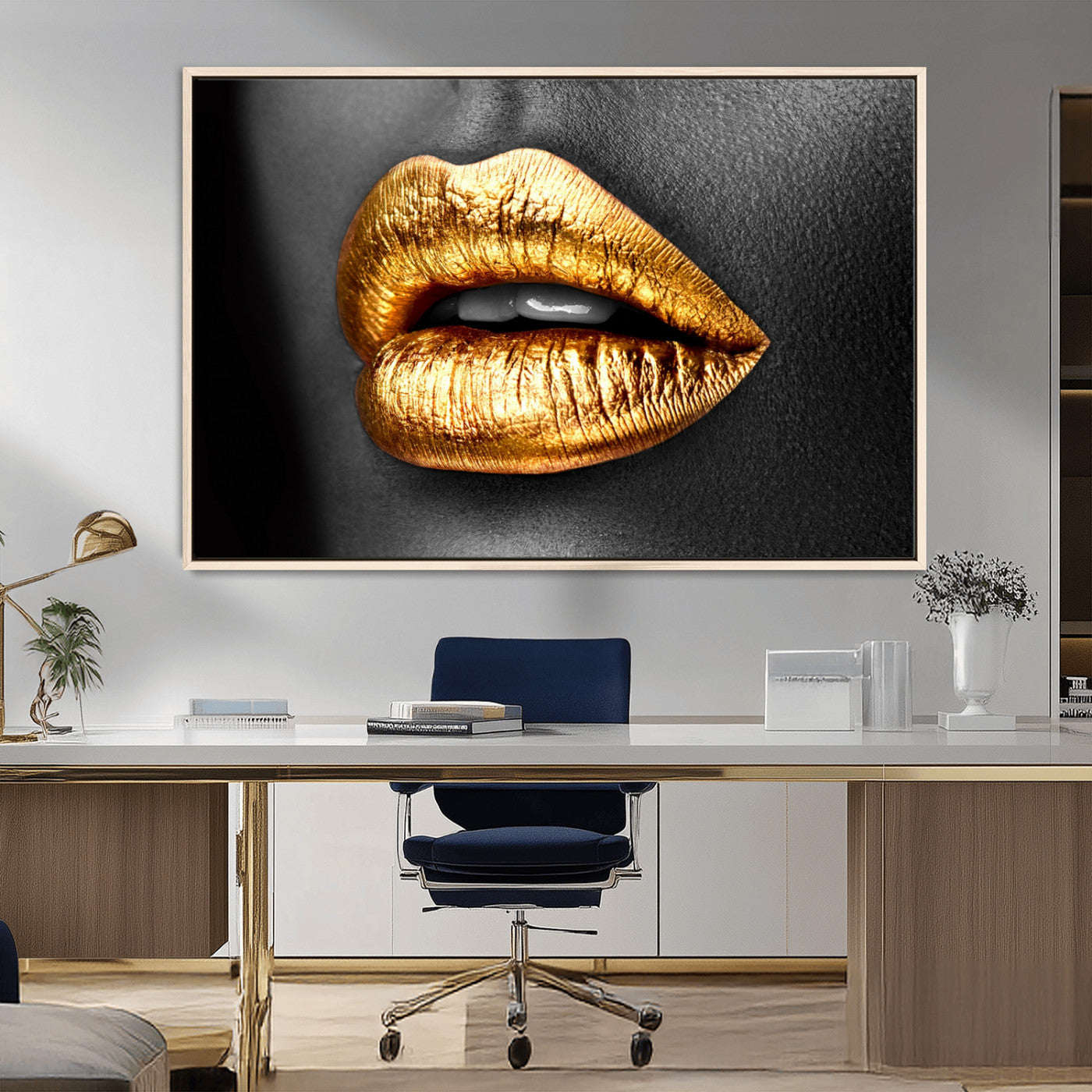 84747-MGV-FC-36X24_Natural-Golden Lips Black & White Portrait – Glamorous Metallic Lip Art Print, Modern Wall Decor for Bedroom, Beauty & Fashion Lover Gift