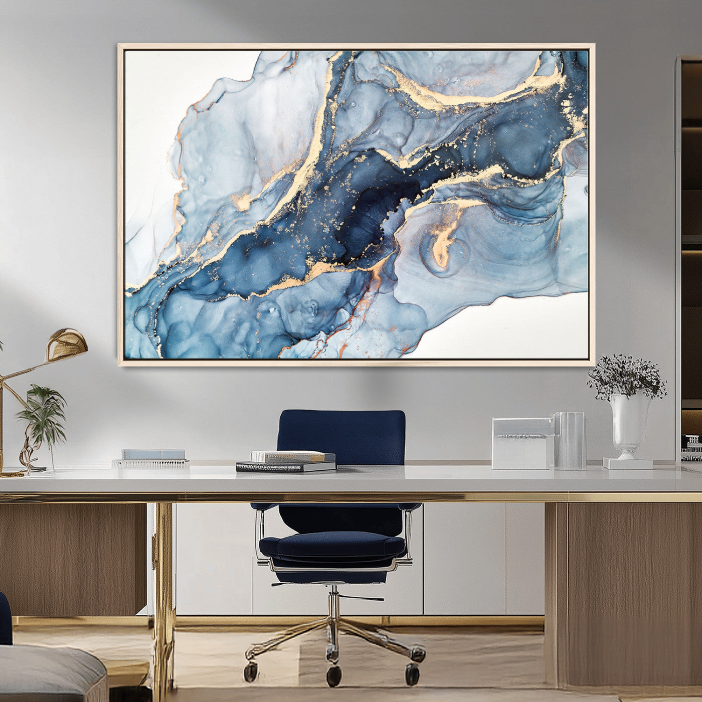 33782-MGV-FC-36X24_Natural-Abstract Marble Wall Art – Blue & Gold Fluid Painting Canvas Print, Modern Home Decor for Living Room, Bedroom or Office