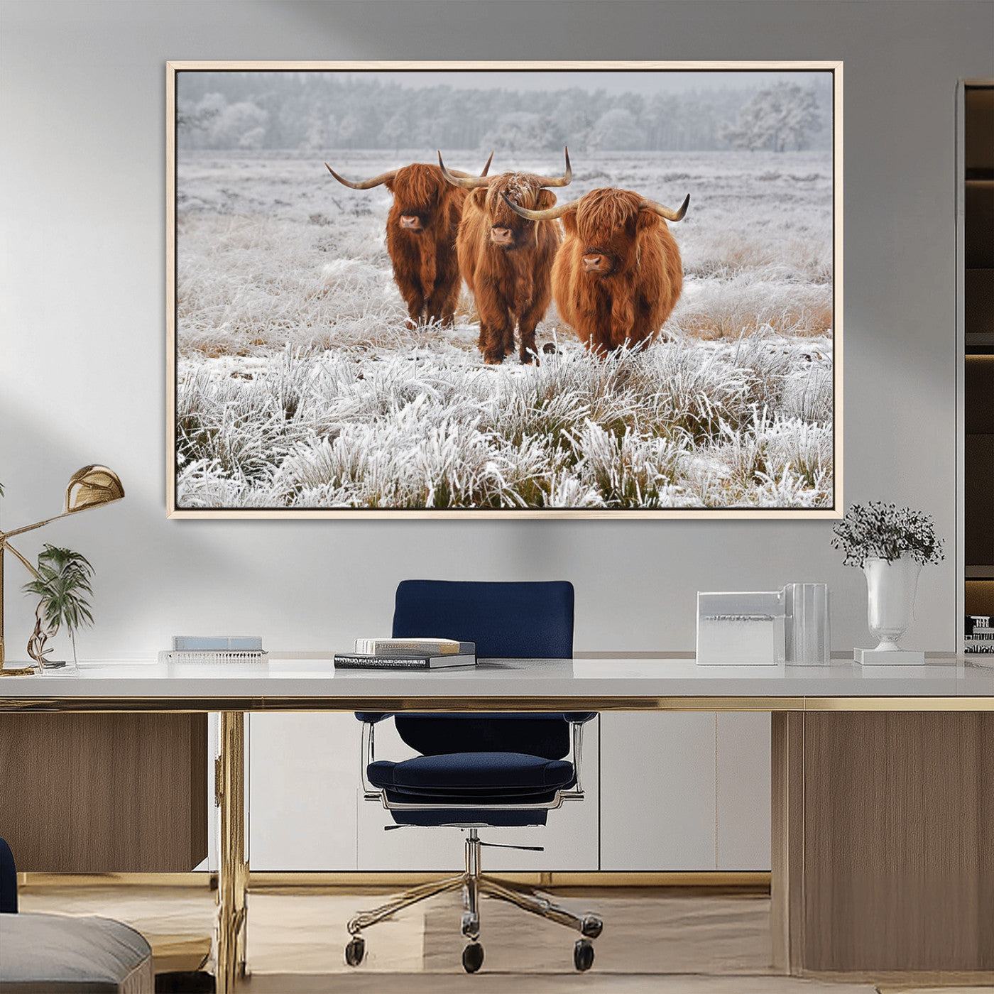 10396-MGV-CV-36X24-Highland Cattle Wall Art – Rustic Winter Landscape Canvas Print, Farmhouse Decor for Living Room, Office, Cabin or Country Home