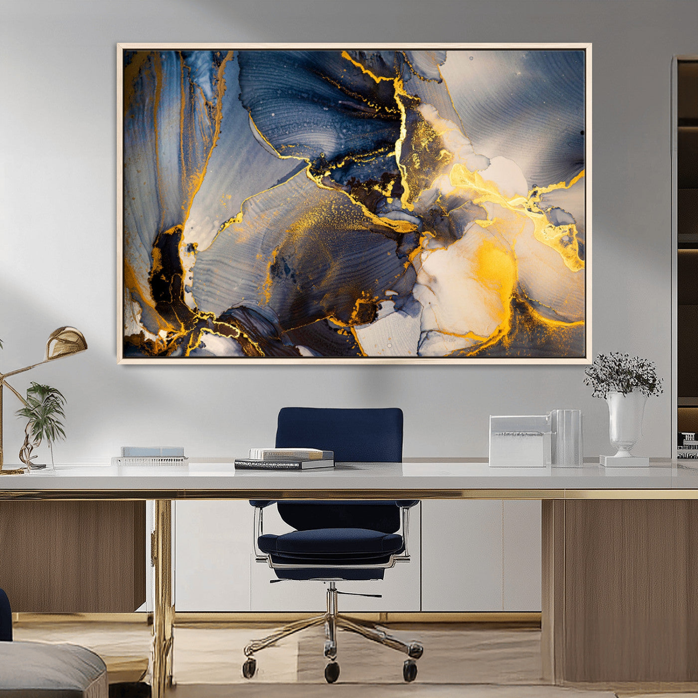 42100-MGV-FC-36X24_Natural-Golden Flow Abstract Wall Art – Panoramic Modern Blue and Gold Canvas Print, Contemporary Artistic Decor for Home, Office