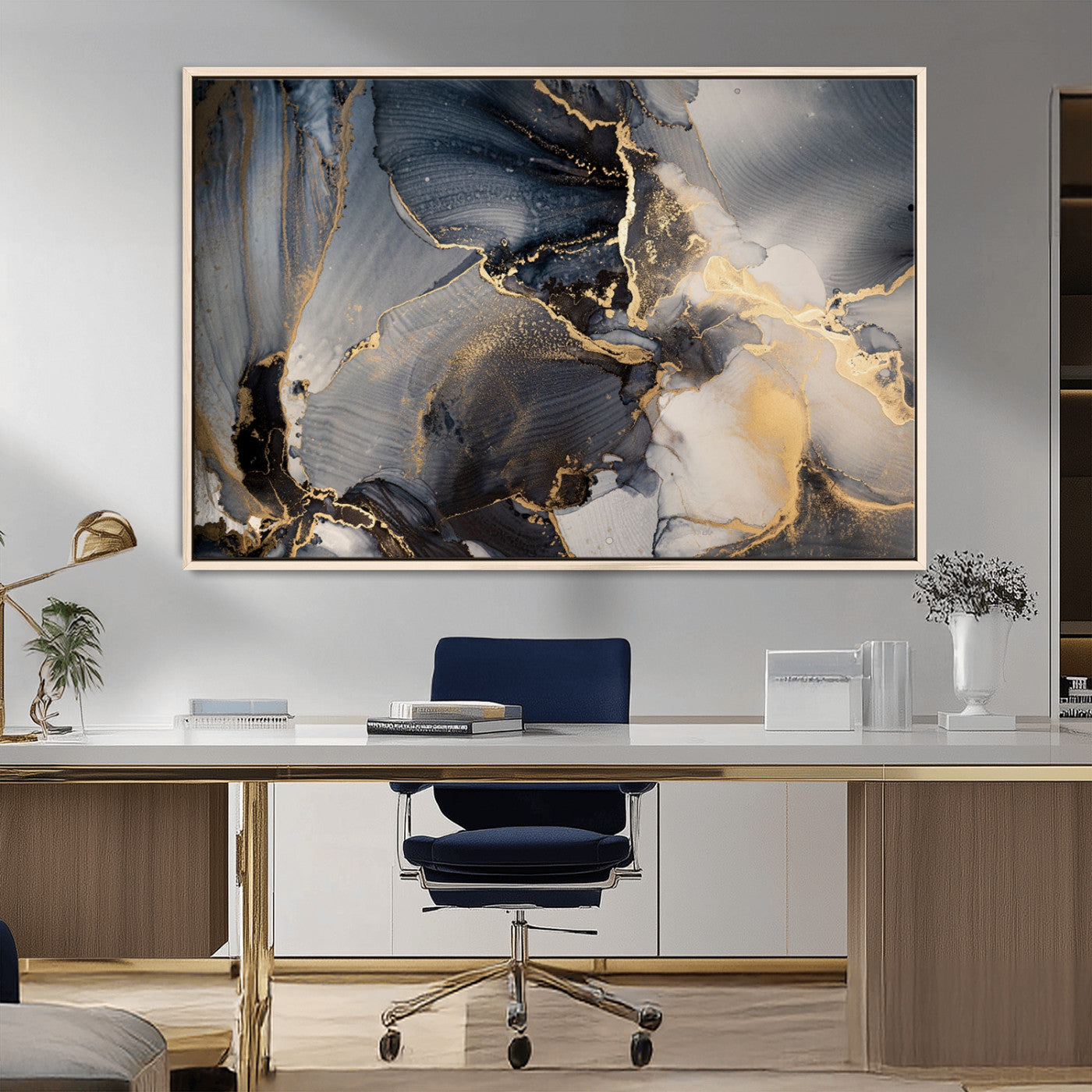 24068-MGV-FC-36X24_Natural-Luxury Abstract Wall Art – Gold & Gray Fluid Ink Painting Canvas, Modern Metallic Home Decor, Elegant Office or Living Room Accent