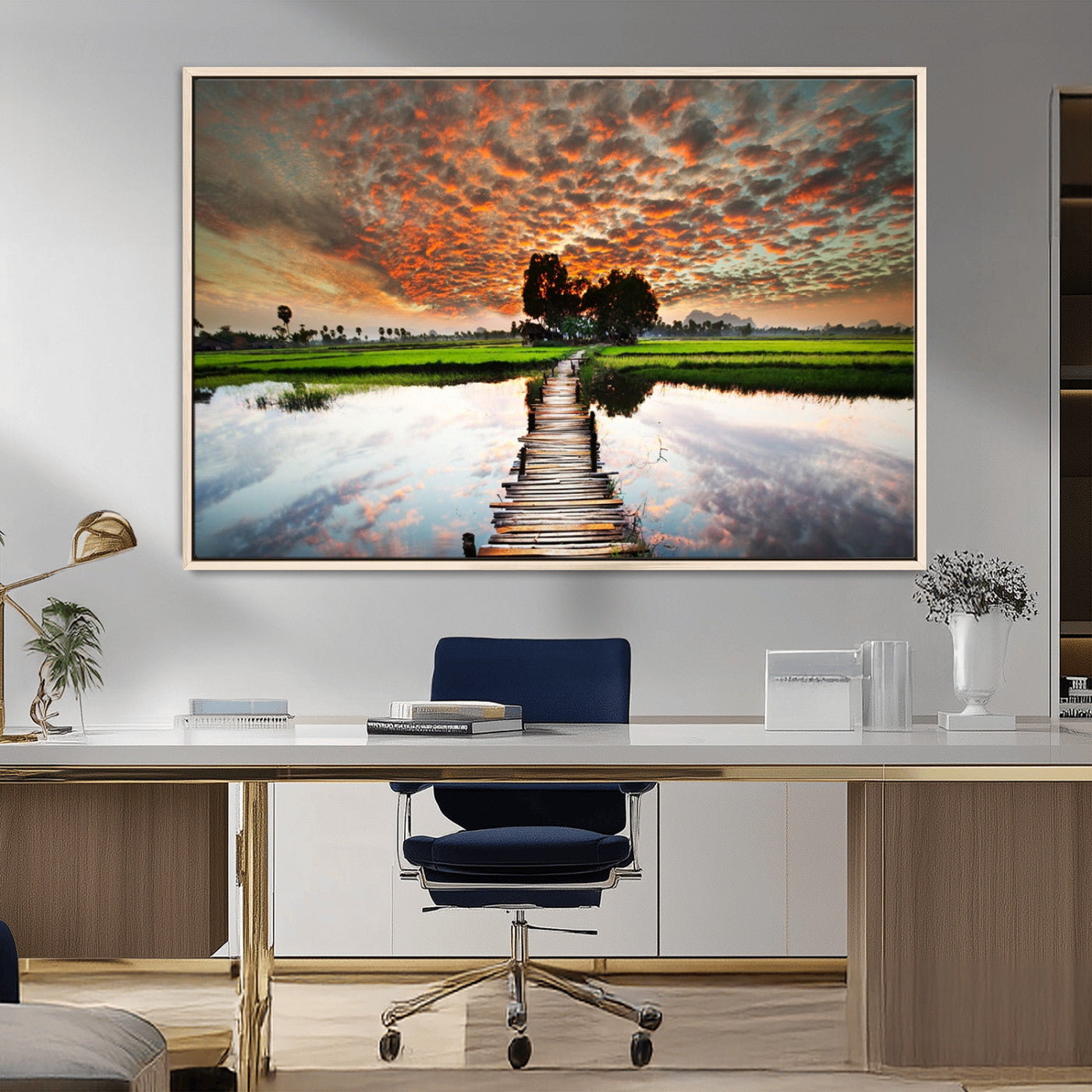 29105-MGV-FC-36X24_Natural-Rustic Wooden Bridge Wall Art – Scenic Sunset Over Rice Fields and Reflective Water Canvas Print, Nature Landscape Decor for