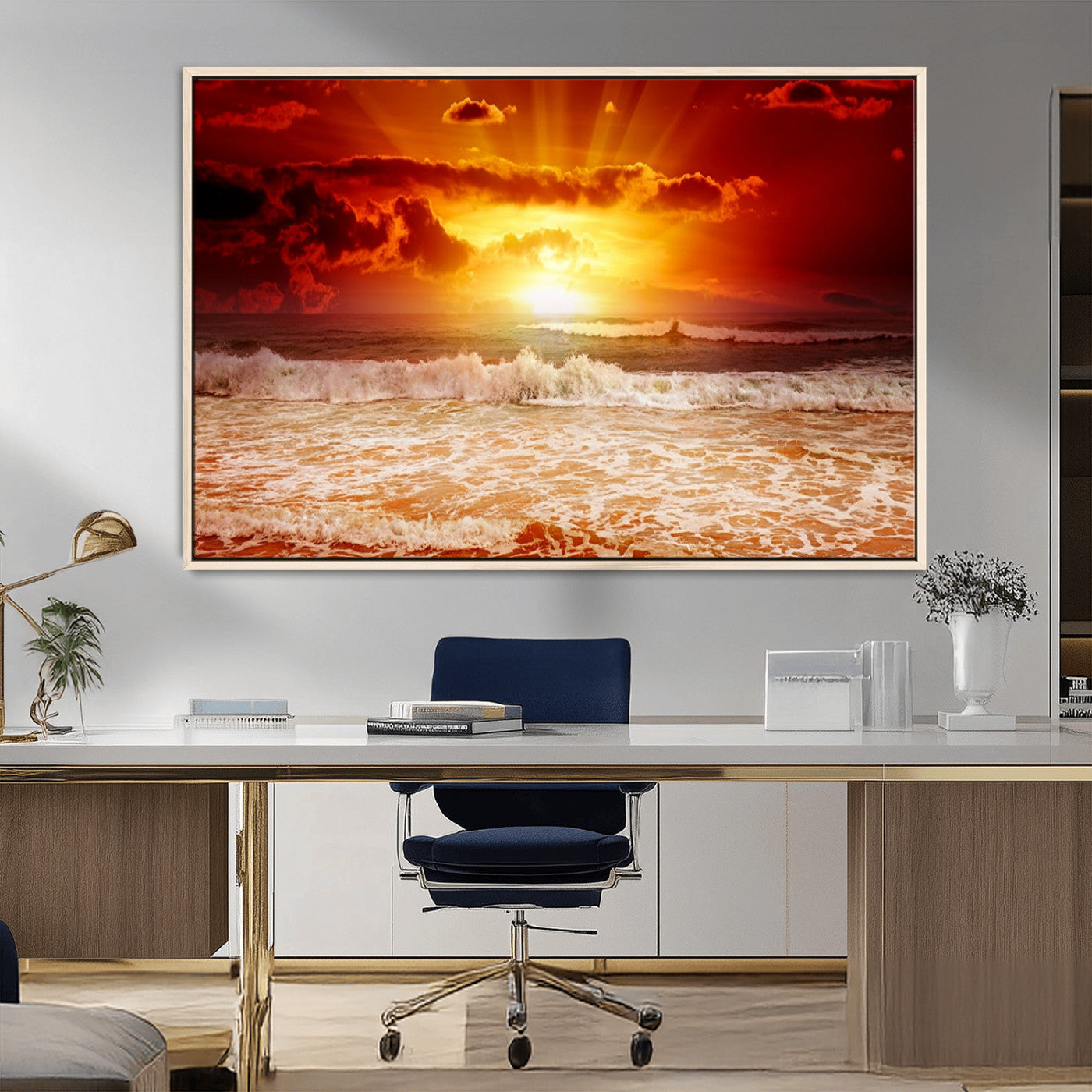 60211-MGV-FC-36X24_Natural-Fiery Sunset Ocean Waves Canvas Print – Vibrant Red & Orange Coastal Wall Art, Dramatic Seascape Decor