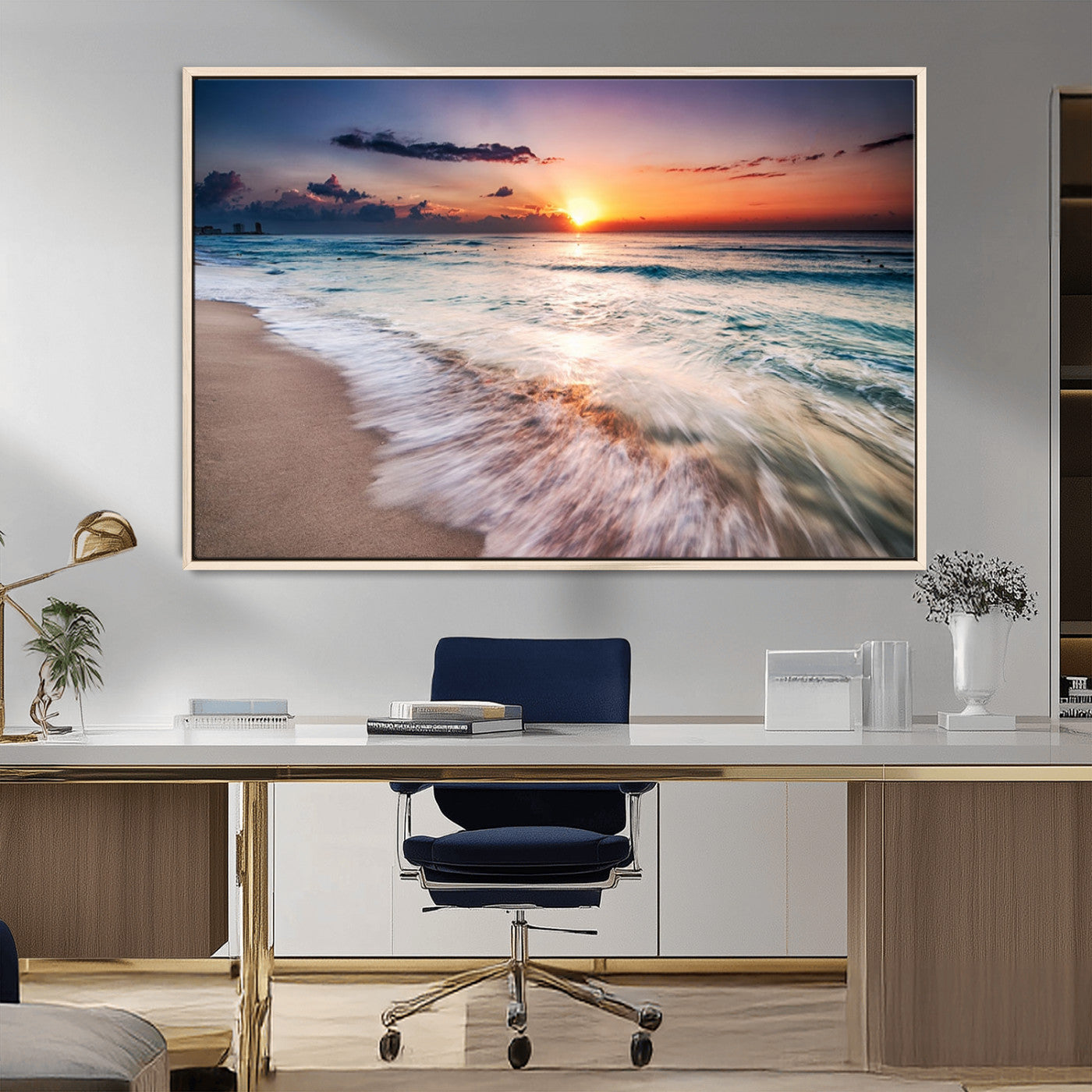 99906-MGV-CV-36X24-Morning Tide Canvas Print – Soft Sunrise Ocean Waves Wall Art, Coastal Serenity Decor for Home & Office