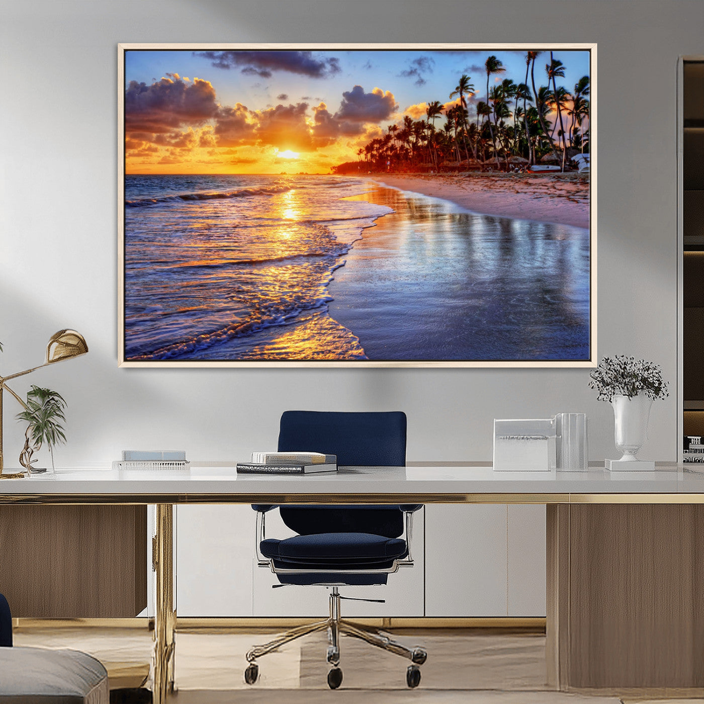 19917-MGV-CV-36X24-Tropical Sunset Beach Wall Art – Panoramic Palm Trees and Ocean Canvas Print, Vibrant Coastal Decor for Living Room, Office or Man