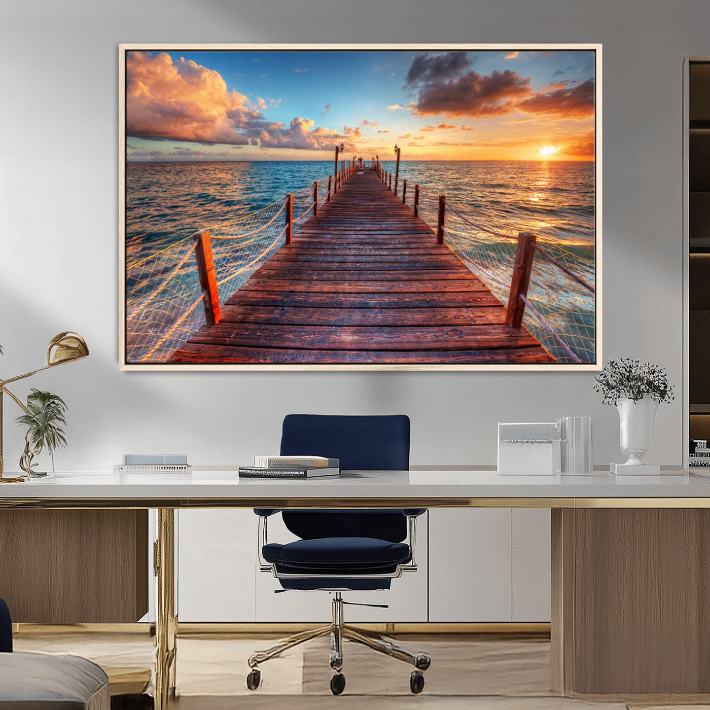 28836-MGV-CV-36X24-Ocean Pier Sunset Wall Art – Wooden Dock and Golden Horizon Canvas Print, Coastal Seascape Photography for Living Room, Bedroom,