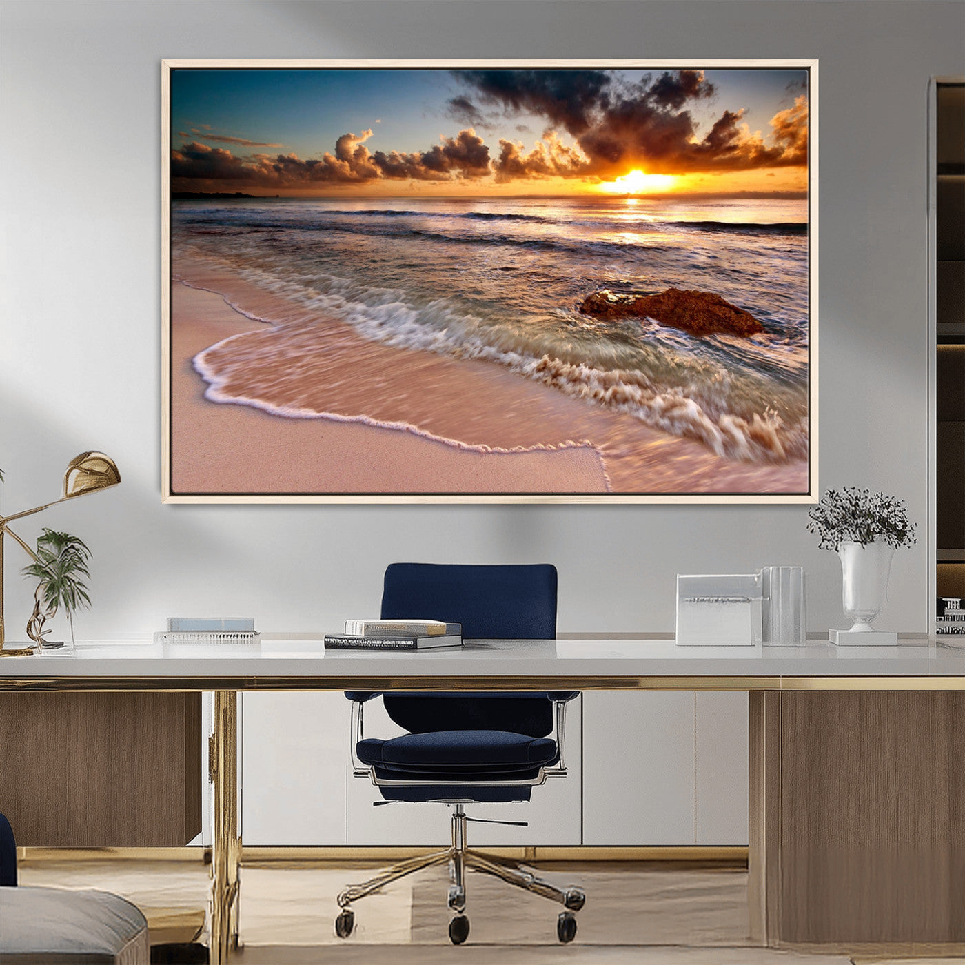 80979-MGV-CV-36X24-Golden Sunrise Beach Wall Art – Ocean Waves and Sandy Shore Canvas Print, Coastal Sunset Photography Artwork for Living Room,