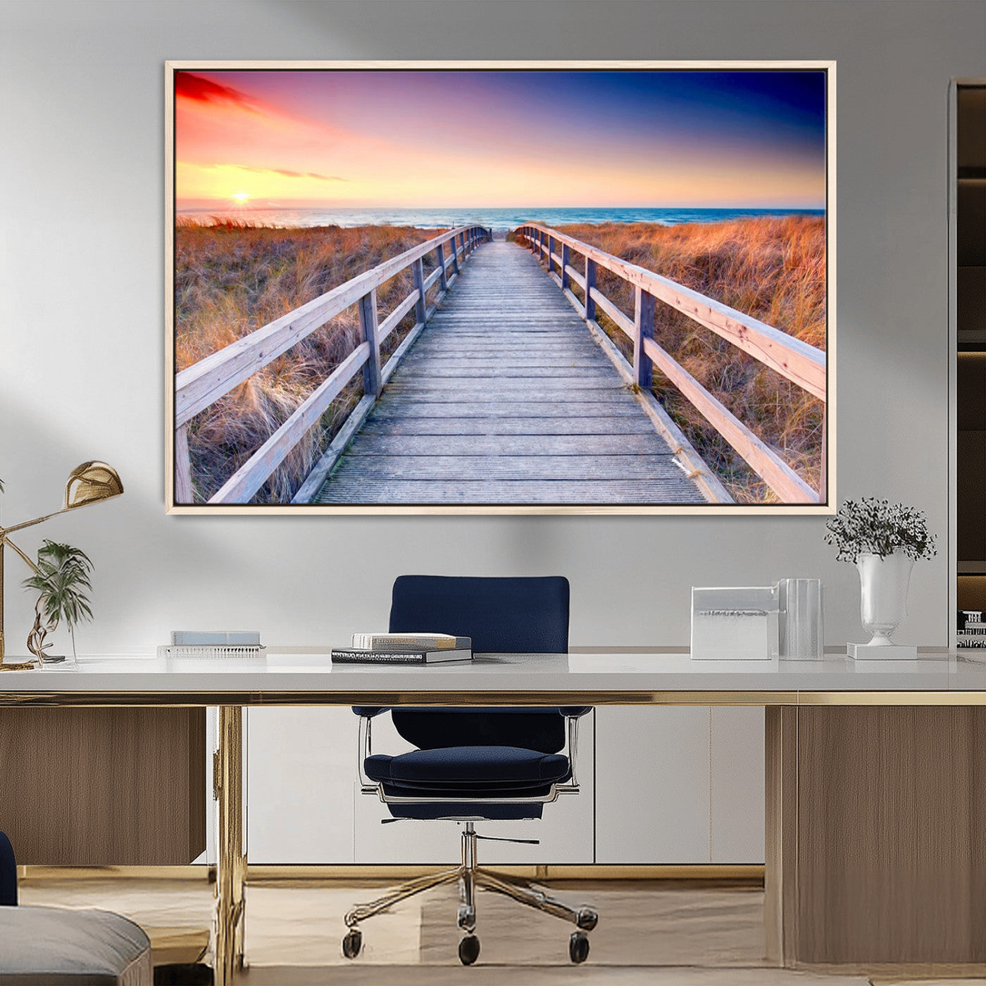 60625-MGV-CV-36X24-Beach Boardwalk Sunrise Wall Art – Coastal Pathway to Ocean Canvas Print, Seaside Landscape Decor for Home or Office