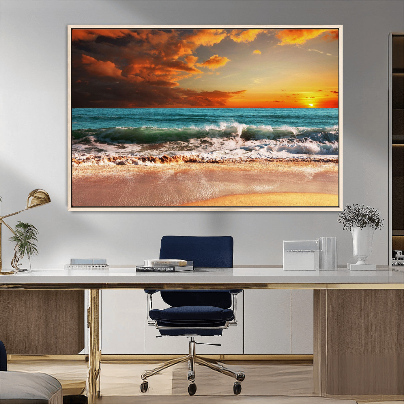 72948-MGV-CV-36X24-Ocean Sunset Wave Wall Art – Dramatic Seascape Canvas Print with Golden Sky and Crashing Waves, Coastal Beach Decor for Living