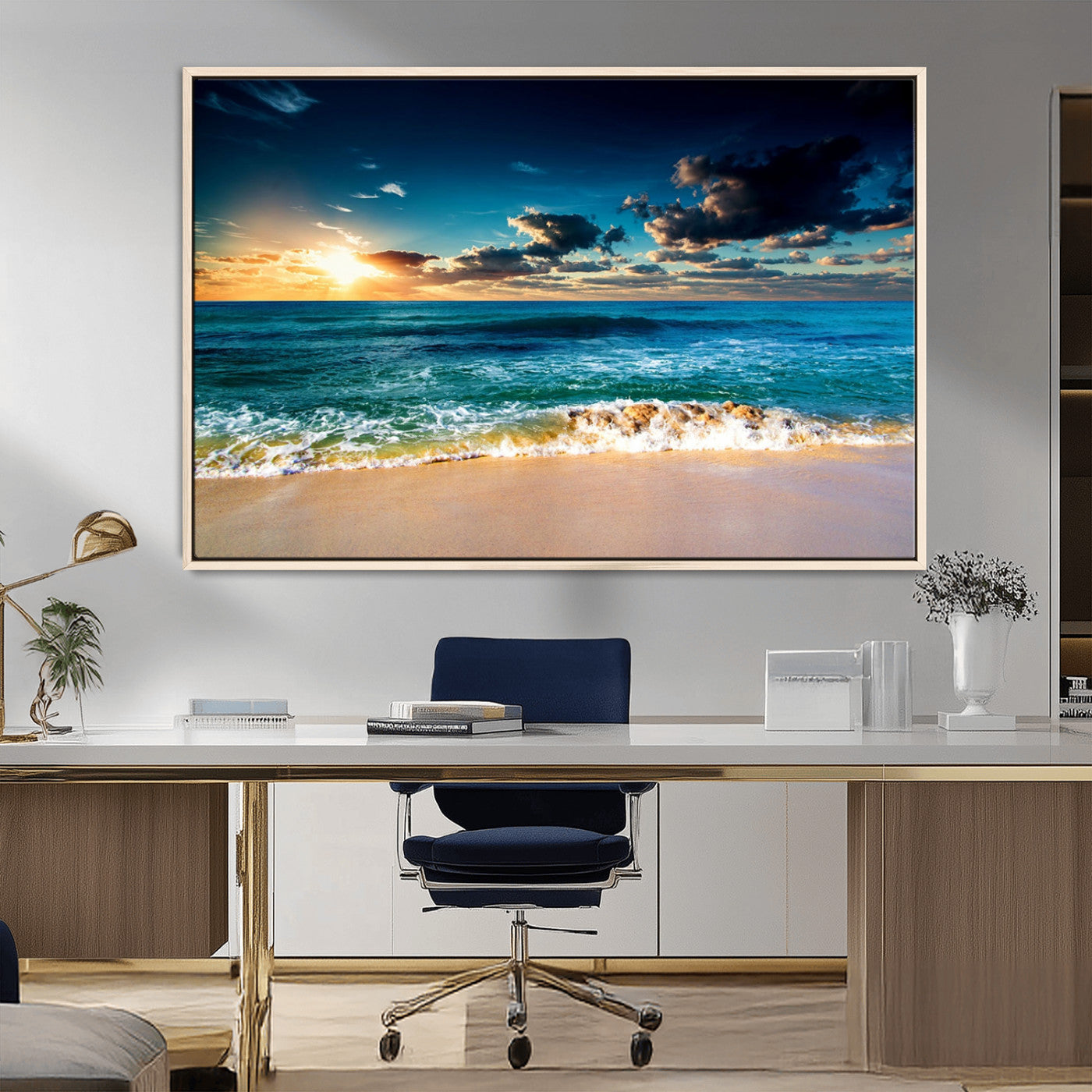 88985-MGV-CV-36X24-Ocean Sunset Wall Art – Tranquil Beach Waves Canvas Print, Coastal Seascape Decor for Living Room or Office