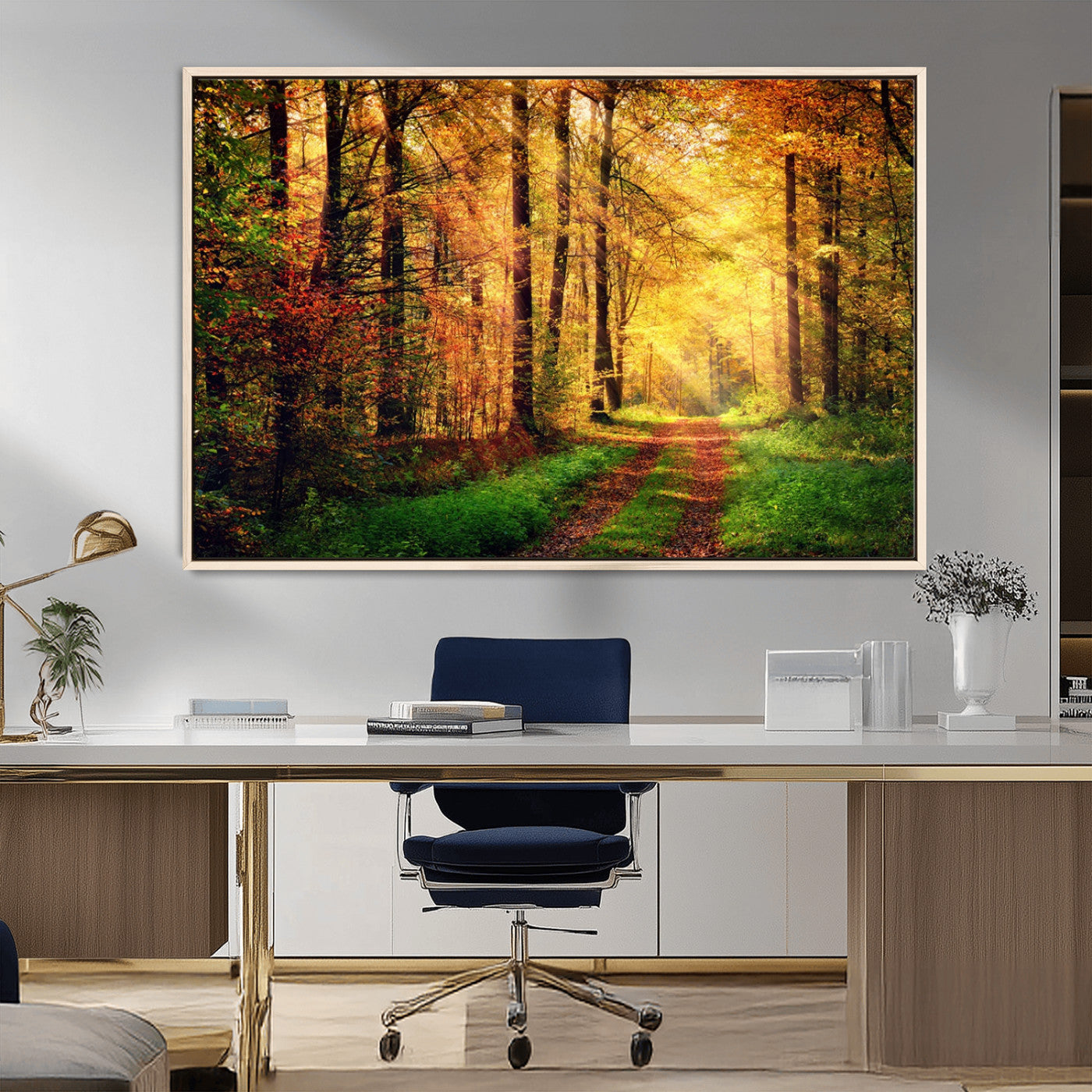 73494-MGV-CV-36X24-Golden Autumn Forest Path Wall Art – Sunlit Woodland Canvas Print, Fall Nature Landscape Home Decoration