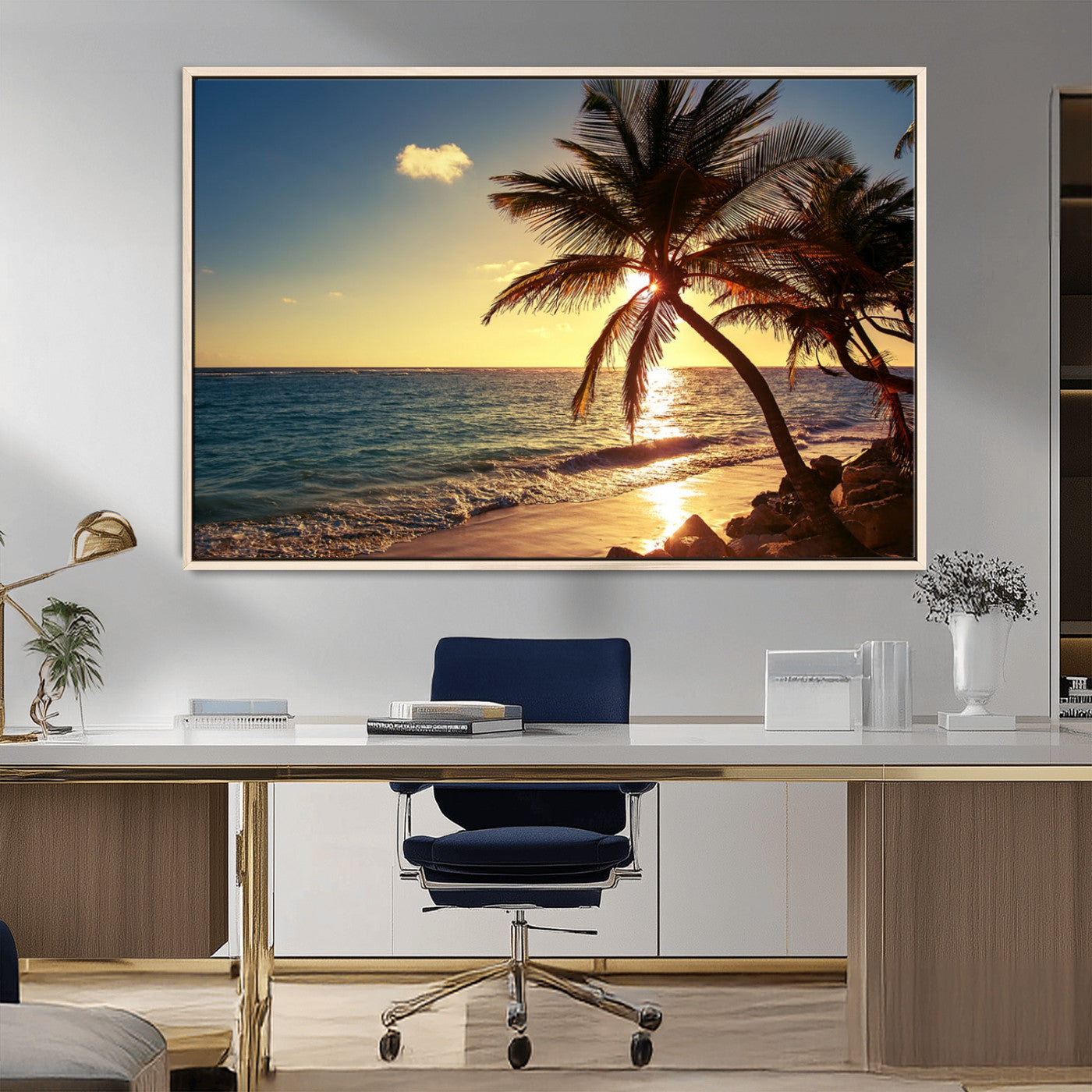 82710-MGV-CV-36X24-Palm Tree Sunset Beach Wall Art – Tropical Ocean Canvas Print, Coastal Paradise Seascape Decor for Living Room or Office Wall