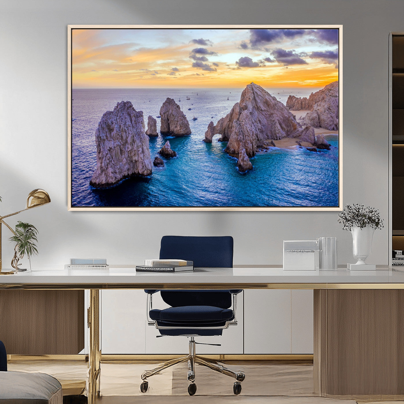 72955-MGV-CV-36X24-Ocean Rock Formation Wall Art – Sunset Coastal Seascape Print, Beach Landscape Decor for Living Room or Office
