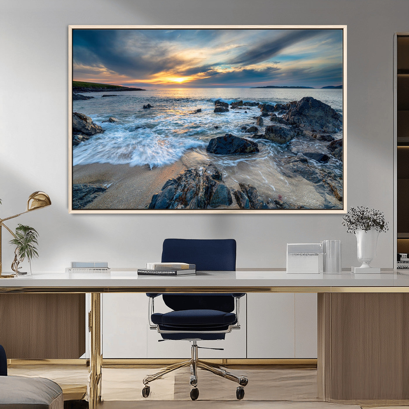 17902-MGV-CV-36X24-Rocky Shore Ocean Sunset Wall Art – Coastal Seascape Canvas Print, Nature Beach Decor for Living Room or Office