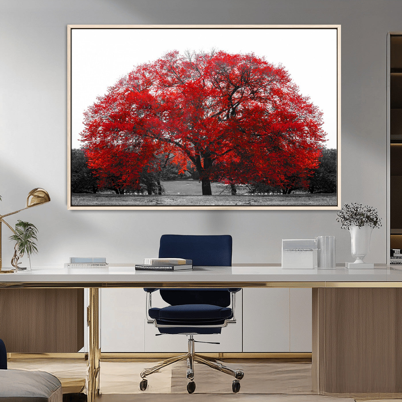 80021-MGV-CV-36X24-Red Tree Wall Art – Striking Black and White Landscape Canvas Print with Vibrant Red Leaves, Modern Nature Decor for Living Room