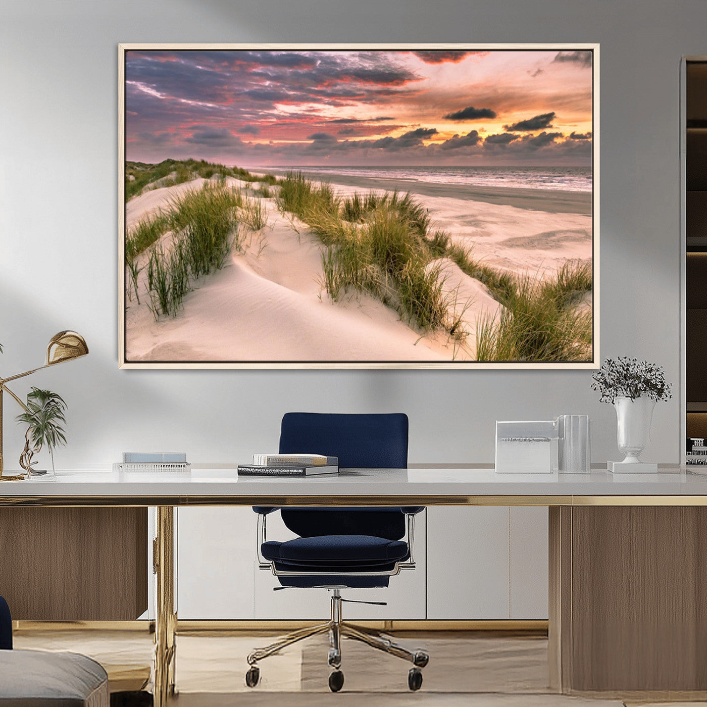 60570-MGV-CV-36X24-Beach Sunset Wall Art – Coastal Sand Dunes and Ocean Horizon Canvas Print, Tranquil Seascape Photography Decor for Living Room or