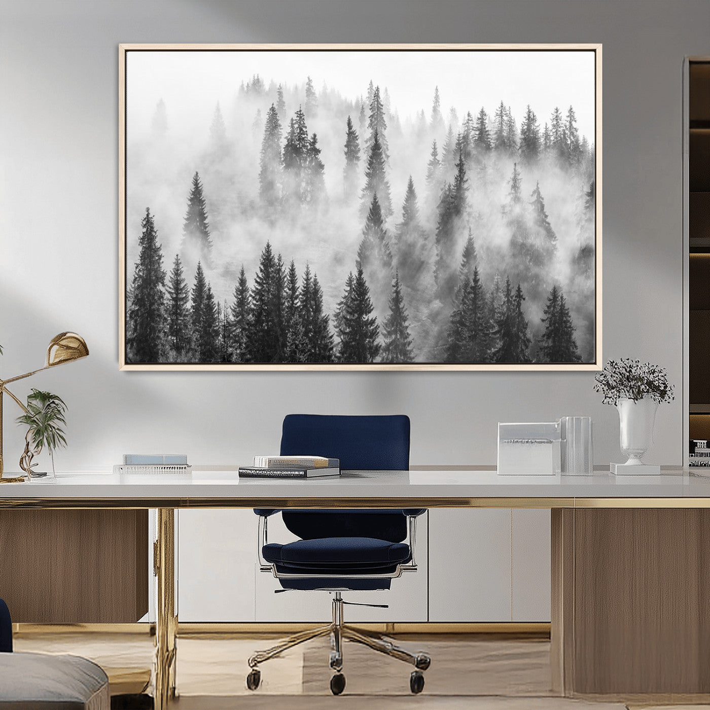 10422-MGV-CV-36X24-Misty Pine Forest Wall Art – Black and White Foggy Landscape Canvas Print, Serene Nature Woodland Decor for Bedroom, Office or