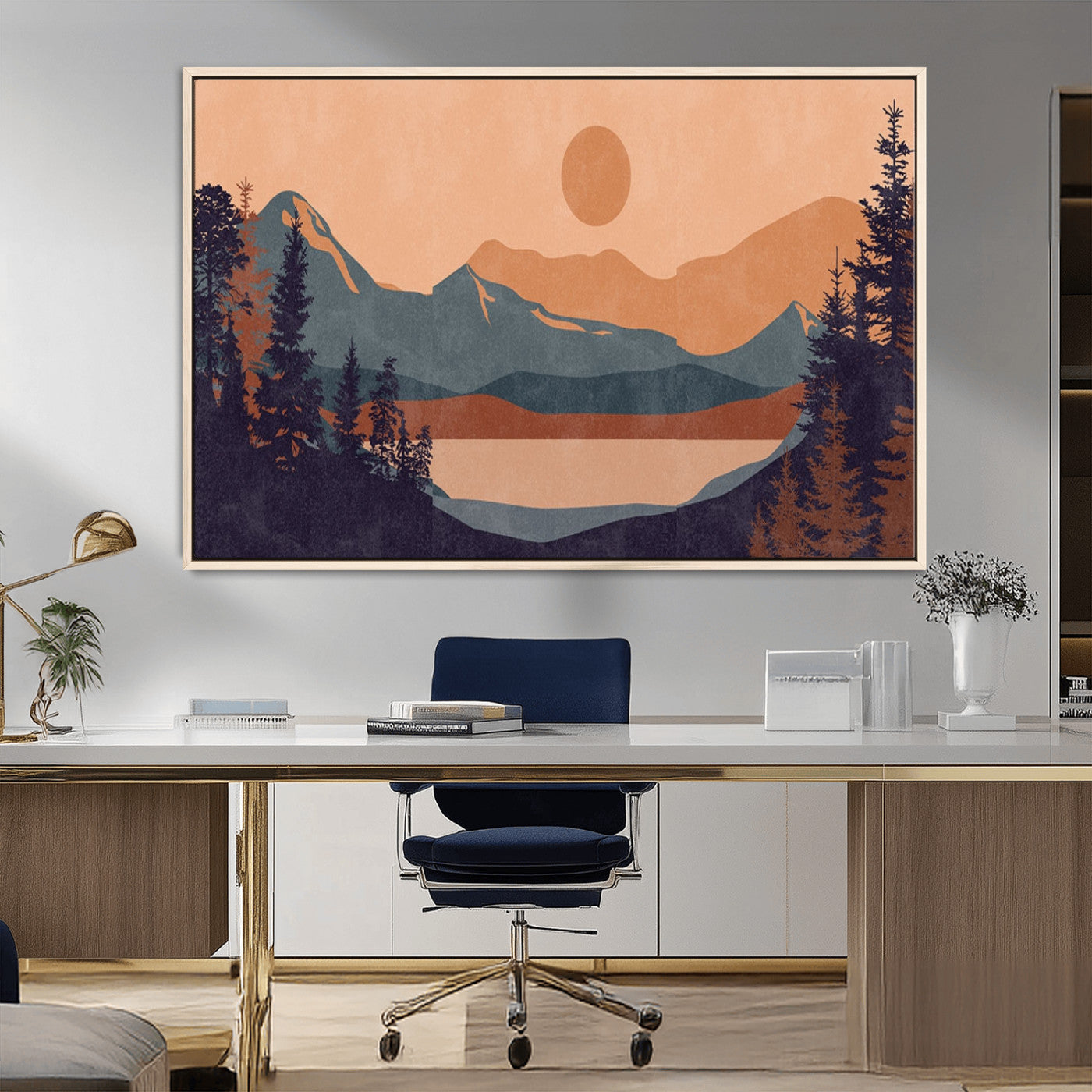62795-MGV-CV-36X24-Minimalist Mountain Landscape Wall Art – Abstract Sunset Over Peaks and Pine Trees Canvas Print, Modern Nature Decor for Living