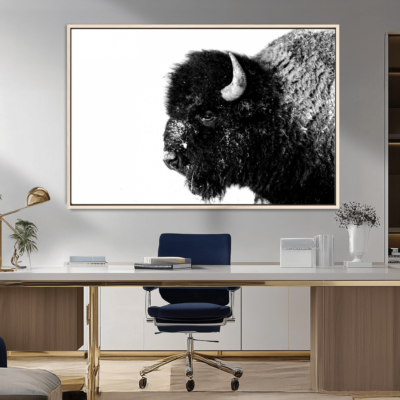 68780-MGV-CV-36X24-Bison Close-Up Wall Art – Black and White Buffalo Canvas Print, Rustic Wildlife Photography Decor for Living Room, Office, or