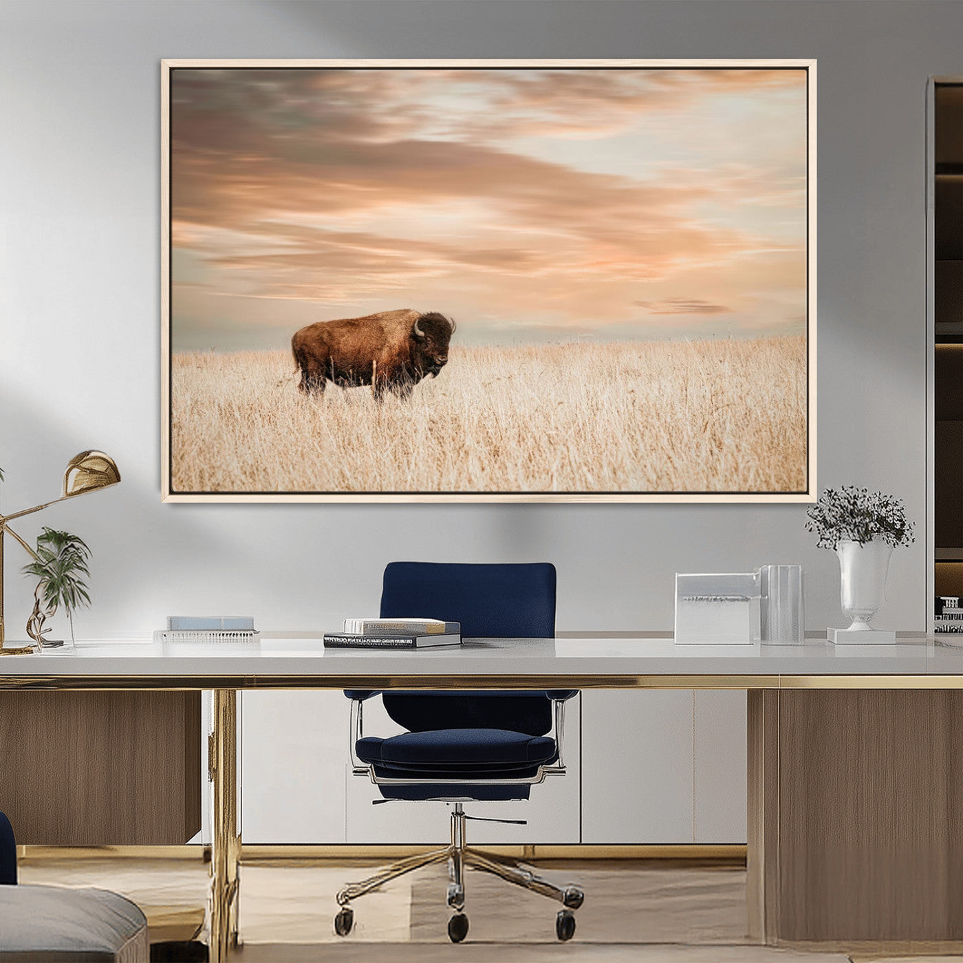 99699-MGV-CV-36X24-Bison in Prairie at Sunset – Wildlife Photography Print, American Buffalo Wall Art, Nature Landscape Canvas Decor for Office