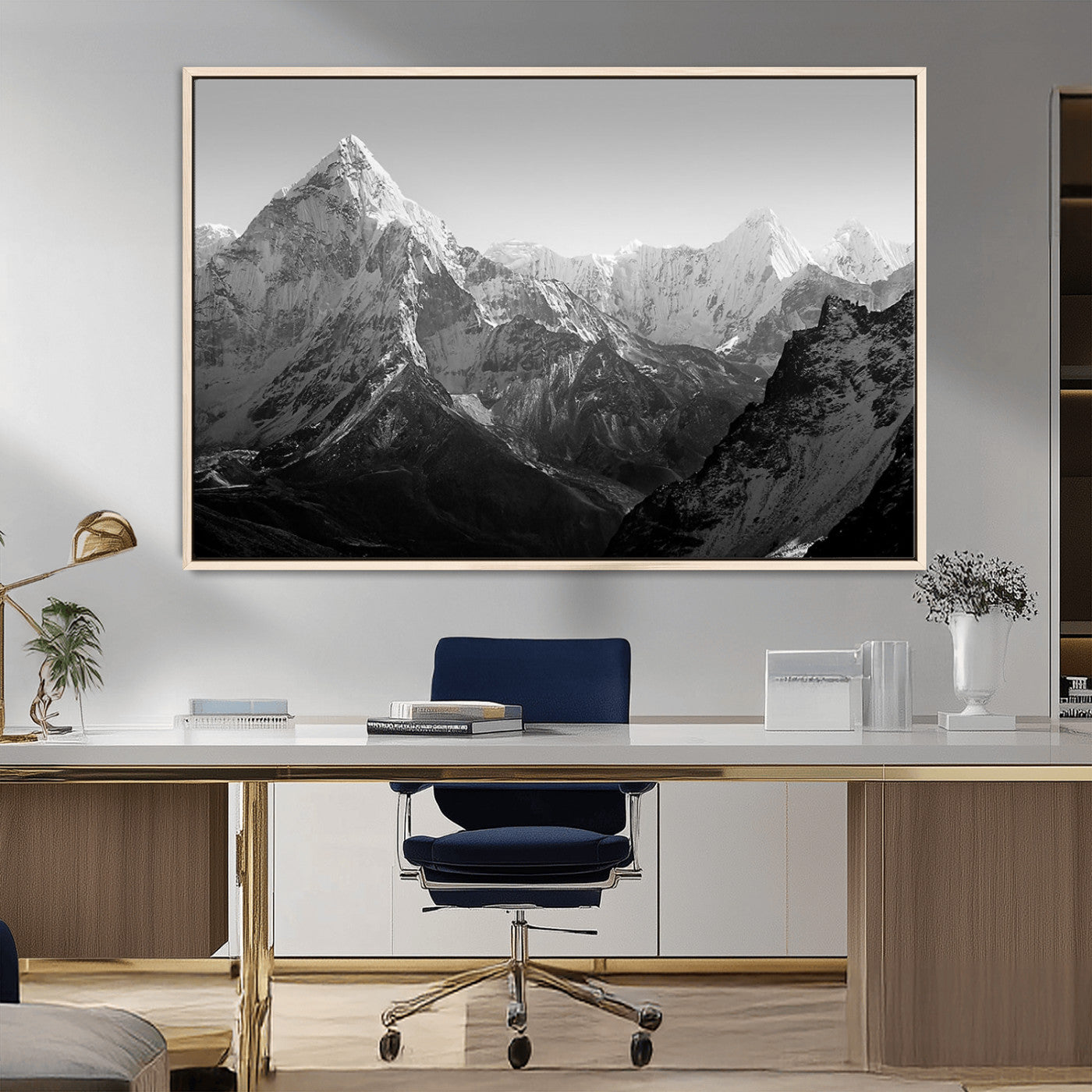 10775-MGV-CV-36X24-Snow Capped Mountain Wall Art – Black and White Canvas Print of Majestic Peaks, Nature Landscape Photography for Office, Bedroom,