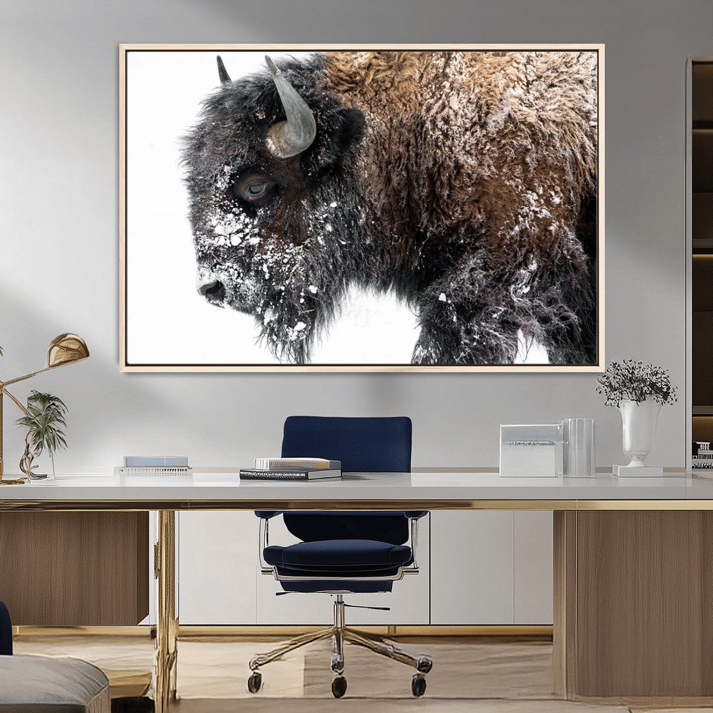 24304-MGV-CV-36X24-Bison Wall Art Canvas Print, Framed Winter Bison Art Picture Print, Snowy Buffalo Perfect Rustic Farmhouse Decor Artwork