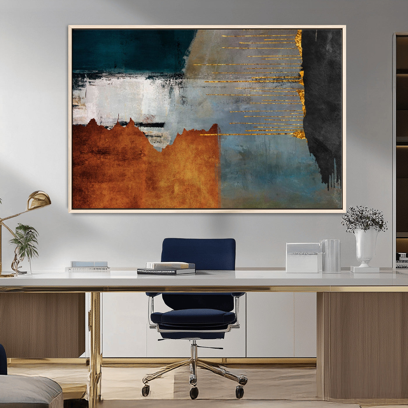 35026-MGV-CV-36X24-Abstract Canvas Wall Art – Modern Teal, Rust, Black and Gold Textured Painting, Contemporary Decor for Living Room, Bedroom