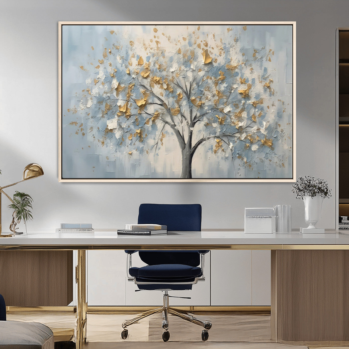 65811-MGV-CV-36X24-Abstract Tree Wall Art – Textured Canvas Painting with Gold and White Leaves, Modern Nature Inspired Decor for Living Room or