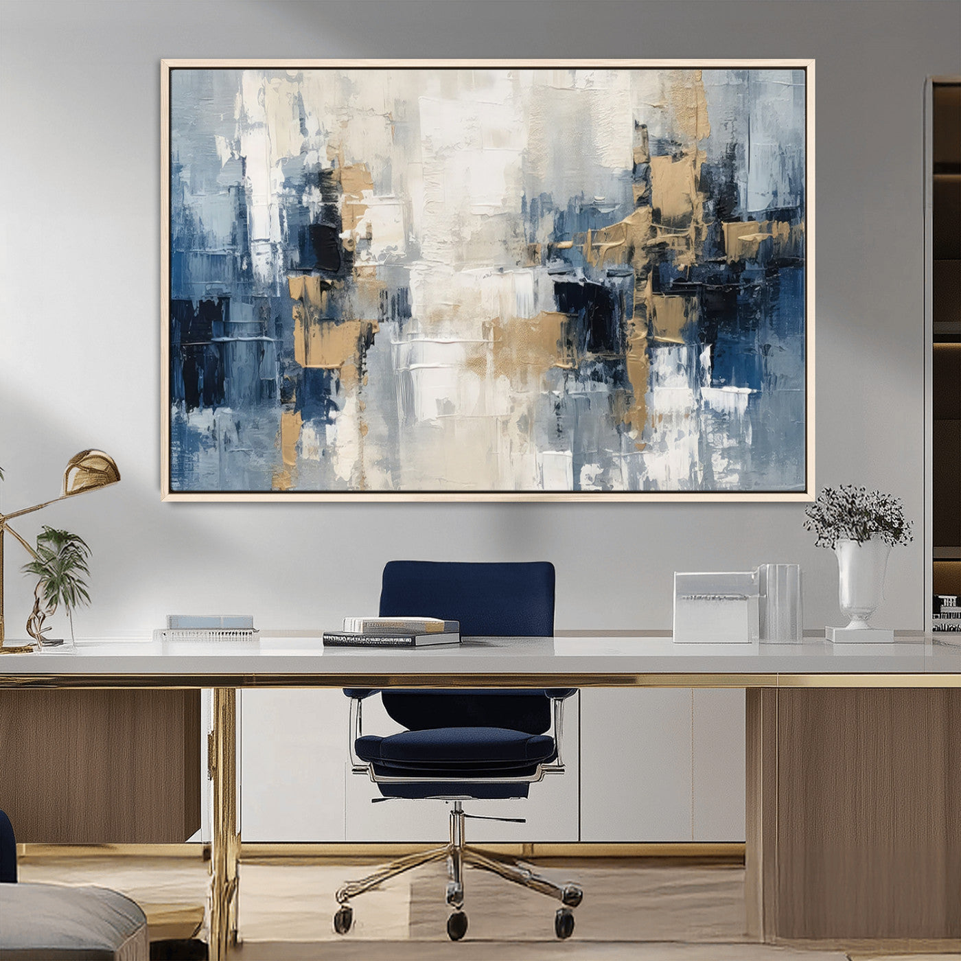 44344-MGV-CV-36X24-Abstract Blue and Gold Wall Art – Modern Hand Painted Canvas Print, Contemporary Textured Painting for Living Room, Bedroom or