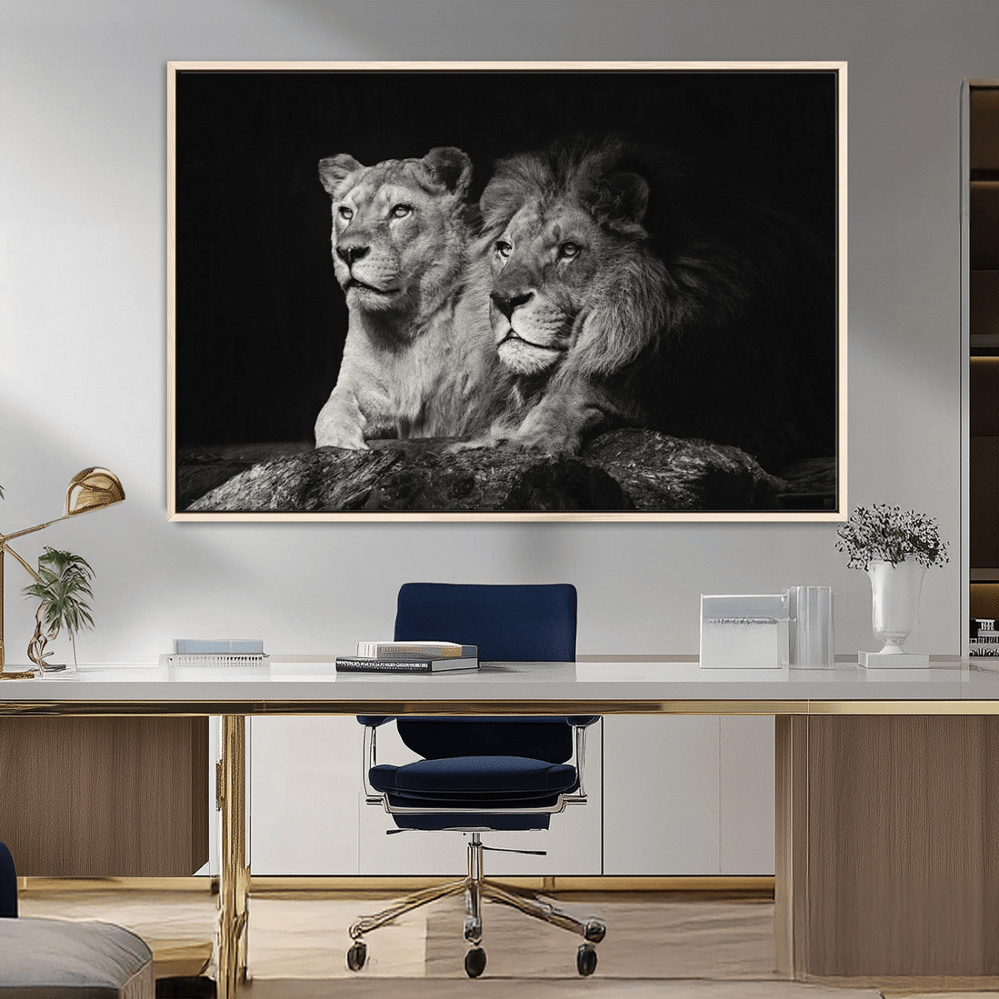 80013-MGV-CV-36X24-Lion and Lioness Wall Art – Black and White Wildlife Photography Canvas Print, African Safari Animal Decor for Office, Bedroom