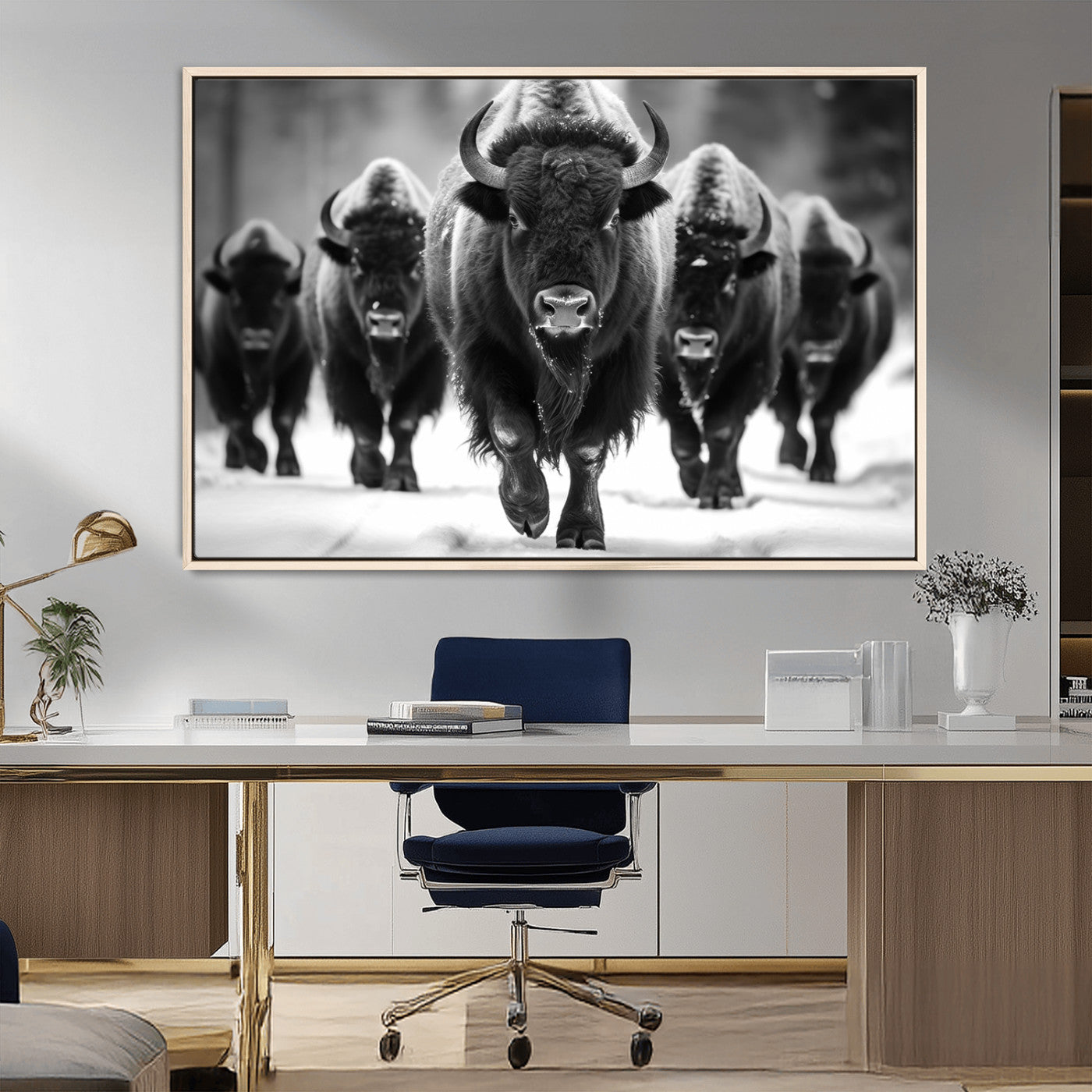 79872-MGV-CV-36X24-Bison Herd Wall Art – Black and White Buffalo on Snow Canvas Print, Rustic Wildlife Decor for Lodge, Cabin, or Living Room