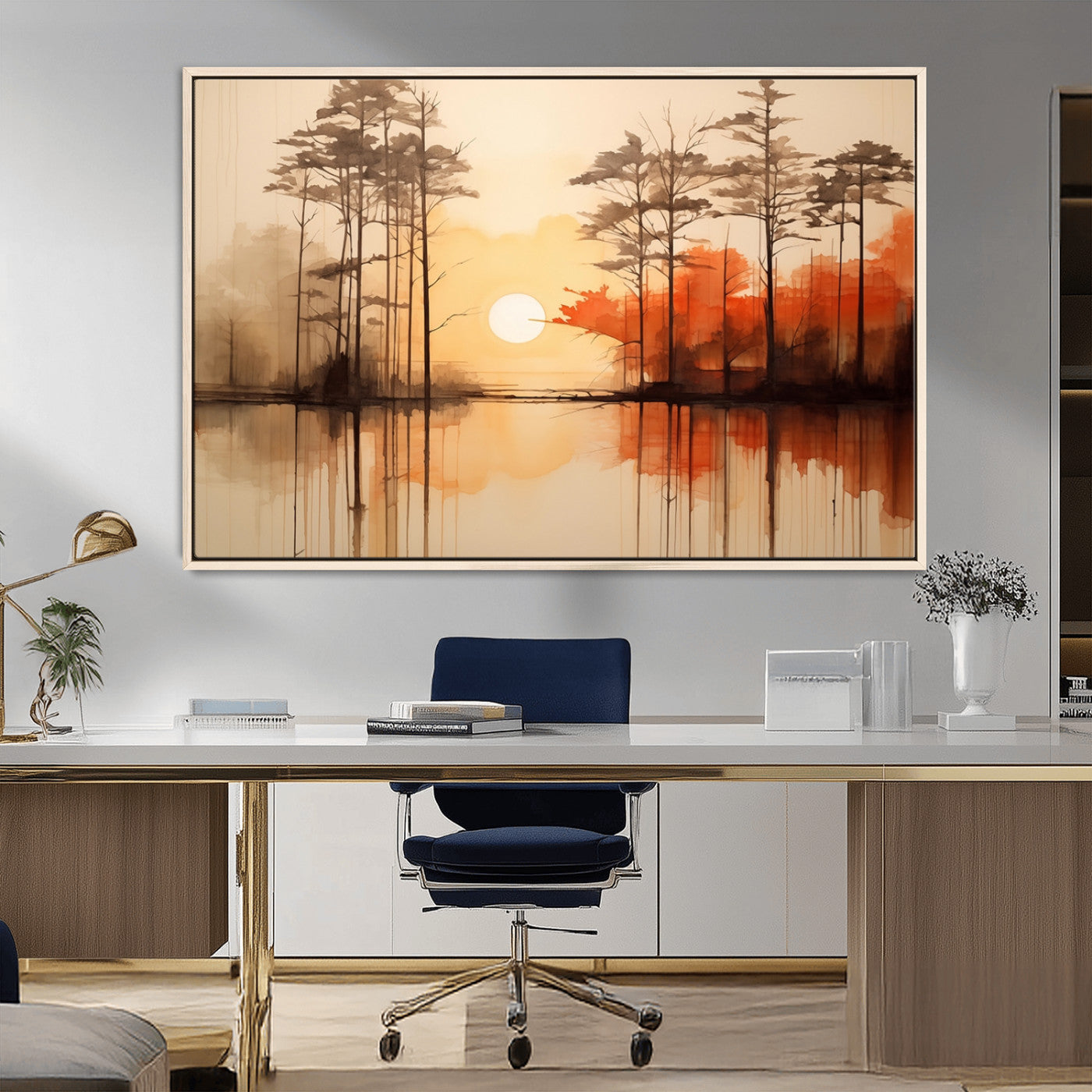 51083-MGV-CV-36X24-Sunset Lake Forest Wall Art – Serene Trees and Orange Sky Reflection Canvas Print, Tranquil Nature Decor for Living Room, Office