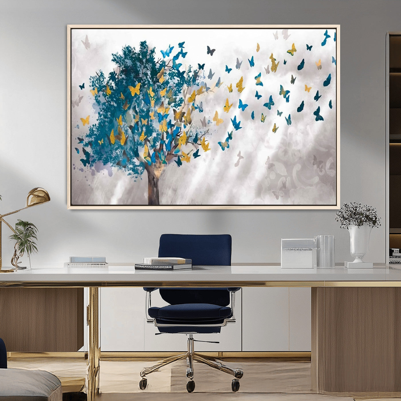 37564-MGV-FC-36X24_Natural-Butterfly Tree Wall Art – Modern Nature Canvas Print with Blue and Golden Butterflies, Elegant Decorative Painting for Living Room